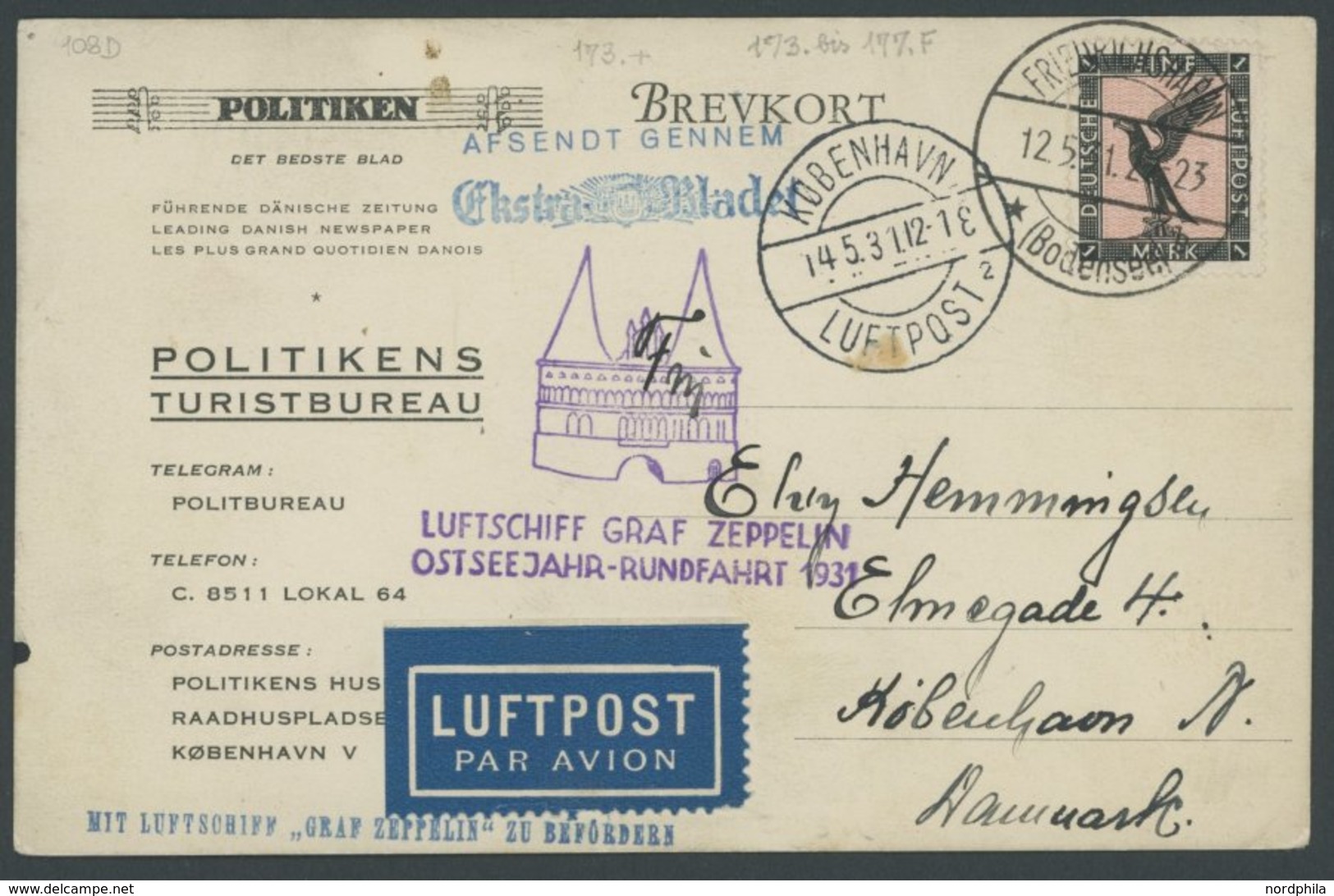 1931, Ostseejahr-Rundfahrt, Auflieferung Kopenhagen, Private Vordruck-Postkarte Der Zeitung POLOTIKENS, Pracht -> Automa - Zeppeline