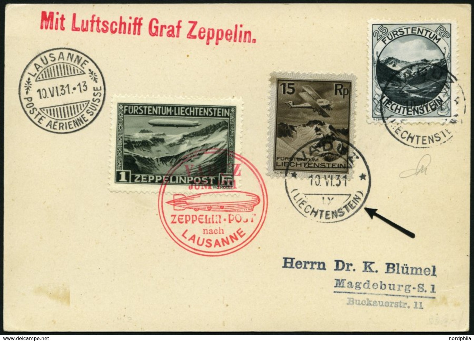 ZEPPELINPOST 110A BRIEF, 1931, Fahrt Nach Vaduz, Frankiert Mit Sondermarke 1 Fr. Und Zusatzfrankatur Auf Prachtkarte - Zeppelin