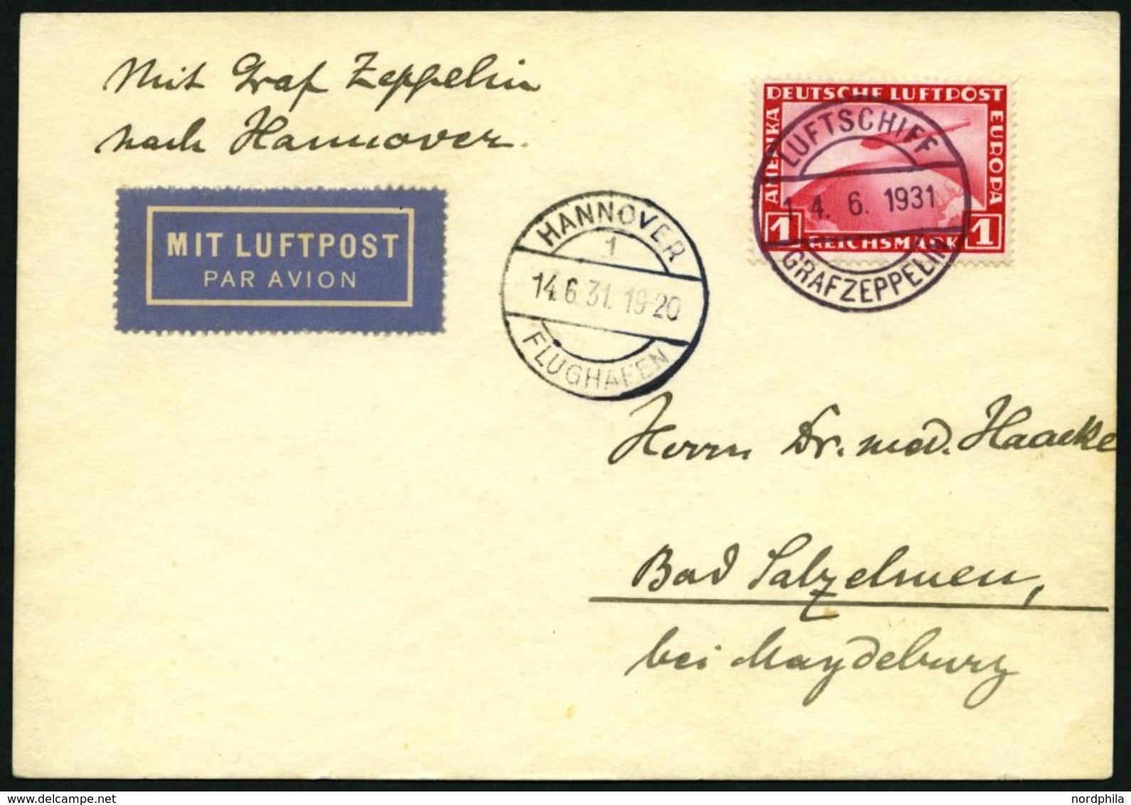 ZEPPELINPOST 111Ab BRIEF, 1931, Fahrt Nach Hannover, Bordpost, Frankiert Mit 1 RM, Prachtkarte - Zeppeline