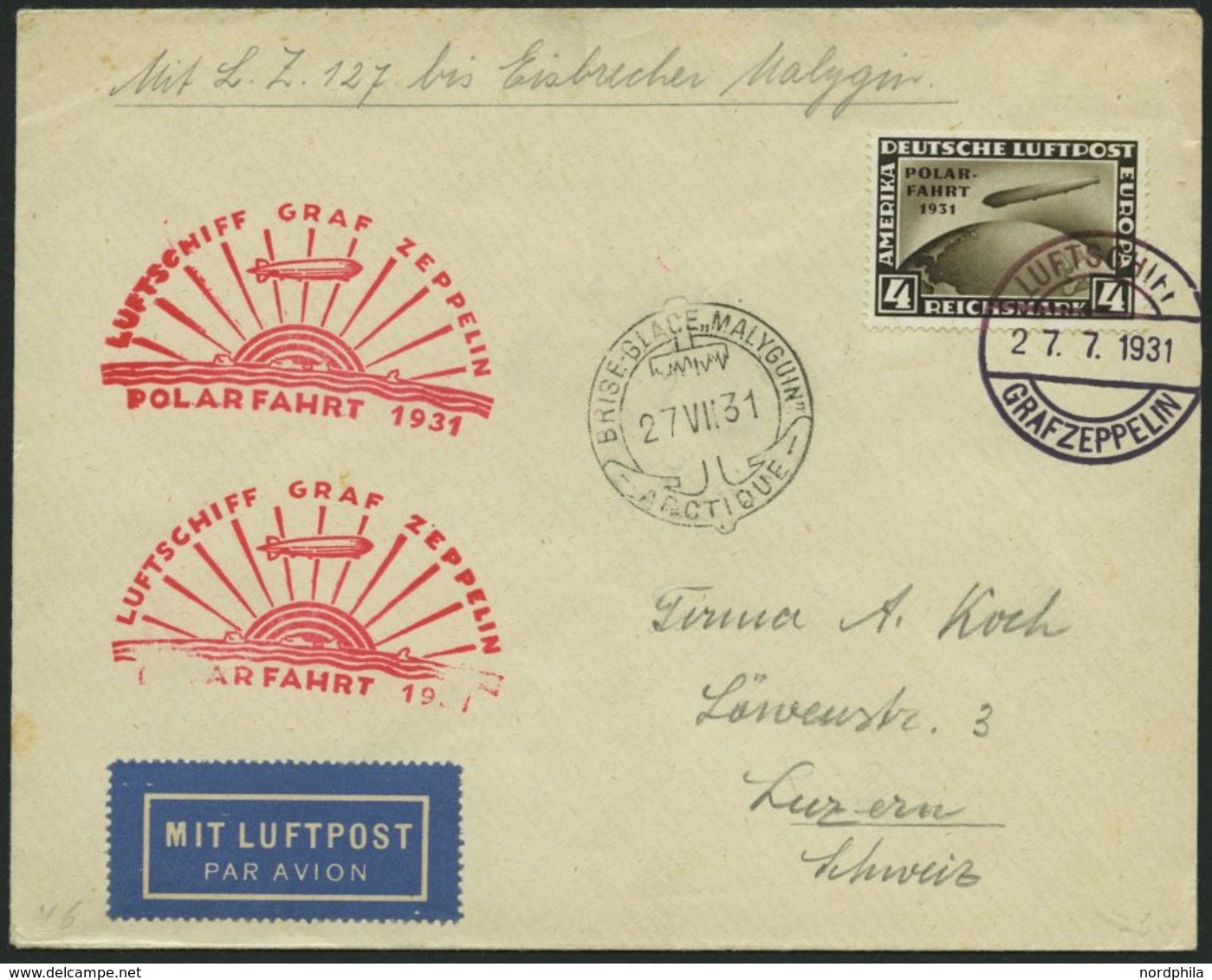ZEPPELINPOST 119C BRIEF, 1931, Polarfahrt, Bordpost Bis Malygin, Frankiert Mit 4 RM, Prachtbrief In Die Schweiz - Zeppeline