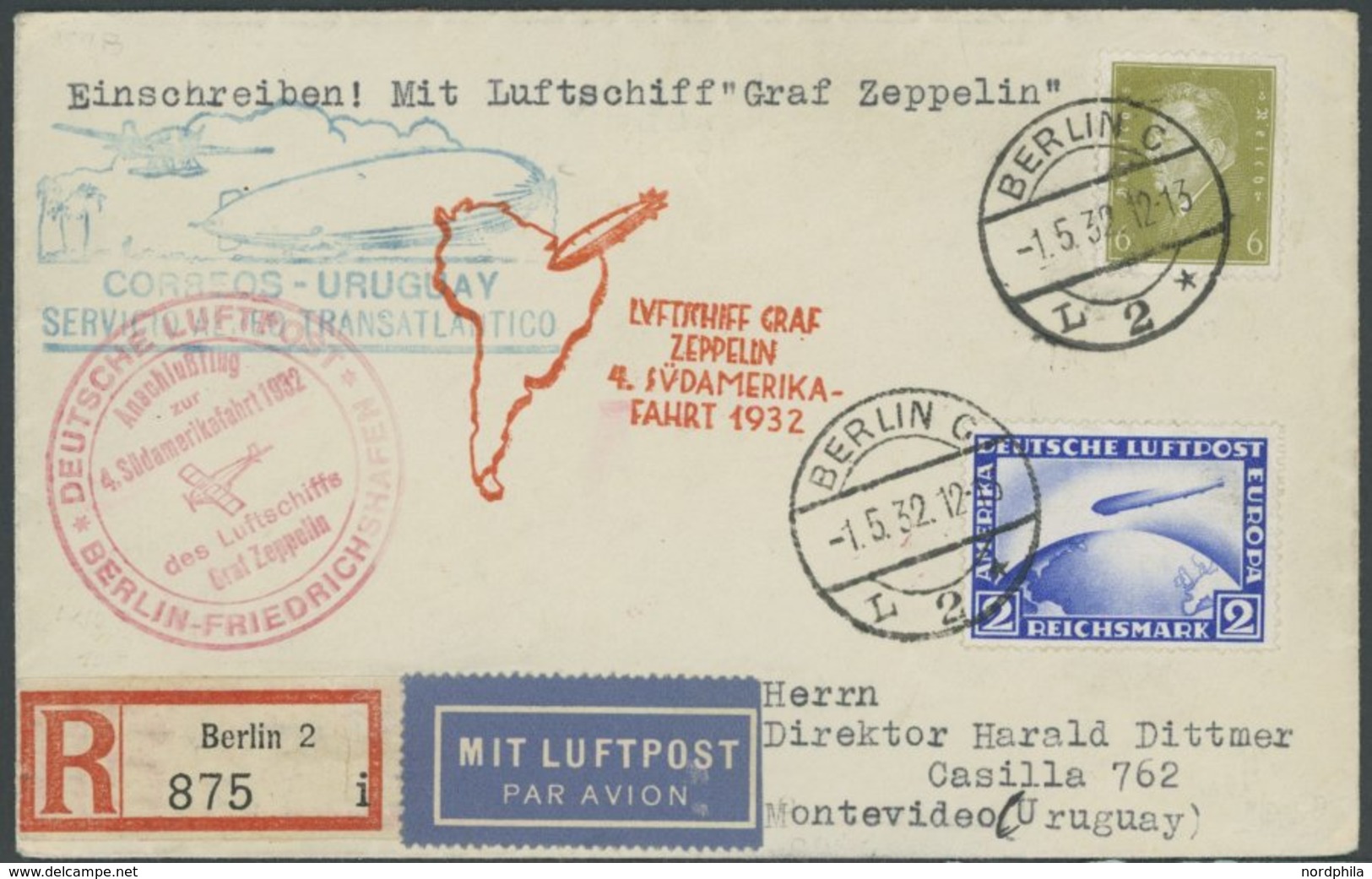 1932, 4. Südamerikafahrt, Anschlußflug Berlin, Frankiert U.a. Mit Mi.Nr. 423, Einschreibbrief Mit Deutschem Und Uruguayi - Zeppeline