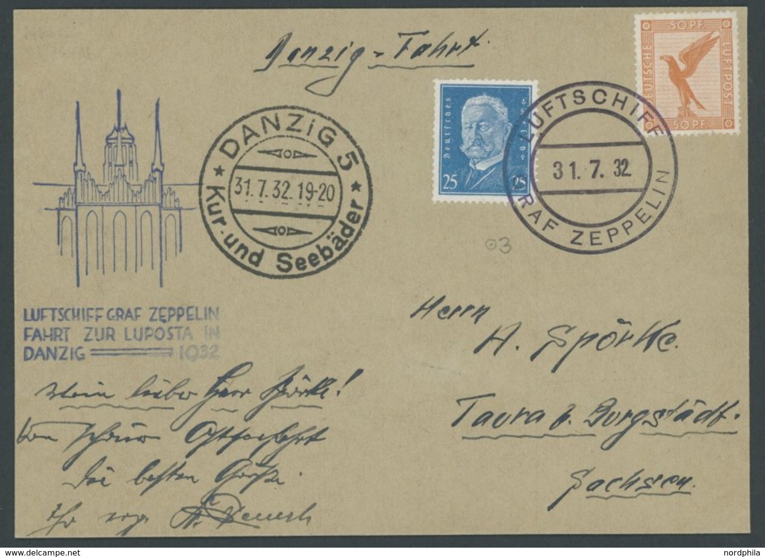 1932, LUPOSTA-Fahrt, Bordpost, Stempel Mit Runder 3, Prachtkarte -> Automatically Generated Translation: 1932, "LUPOSTA- - Zeppeline