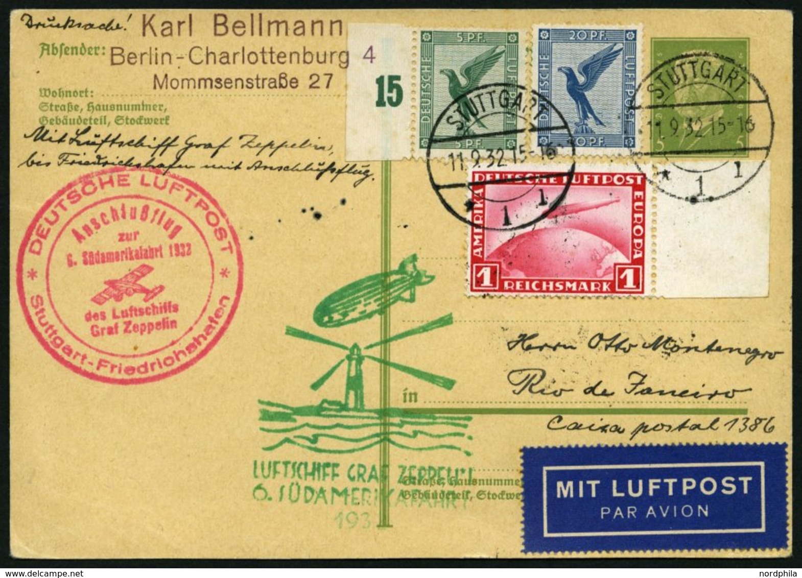 ZEPPELINPOST 177C BRIEF, 1932. 6. Südamerikafahrt, Anschlußflug Ab Stuttgart, Prachtkarte - Zeppeline