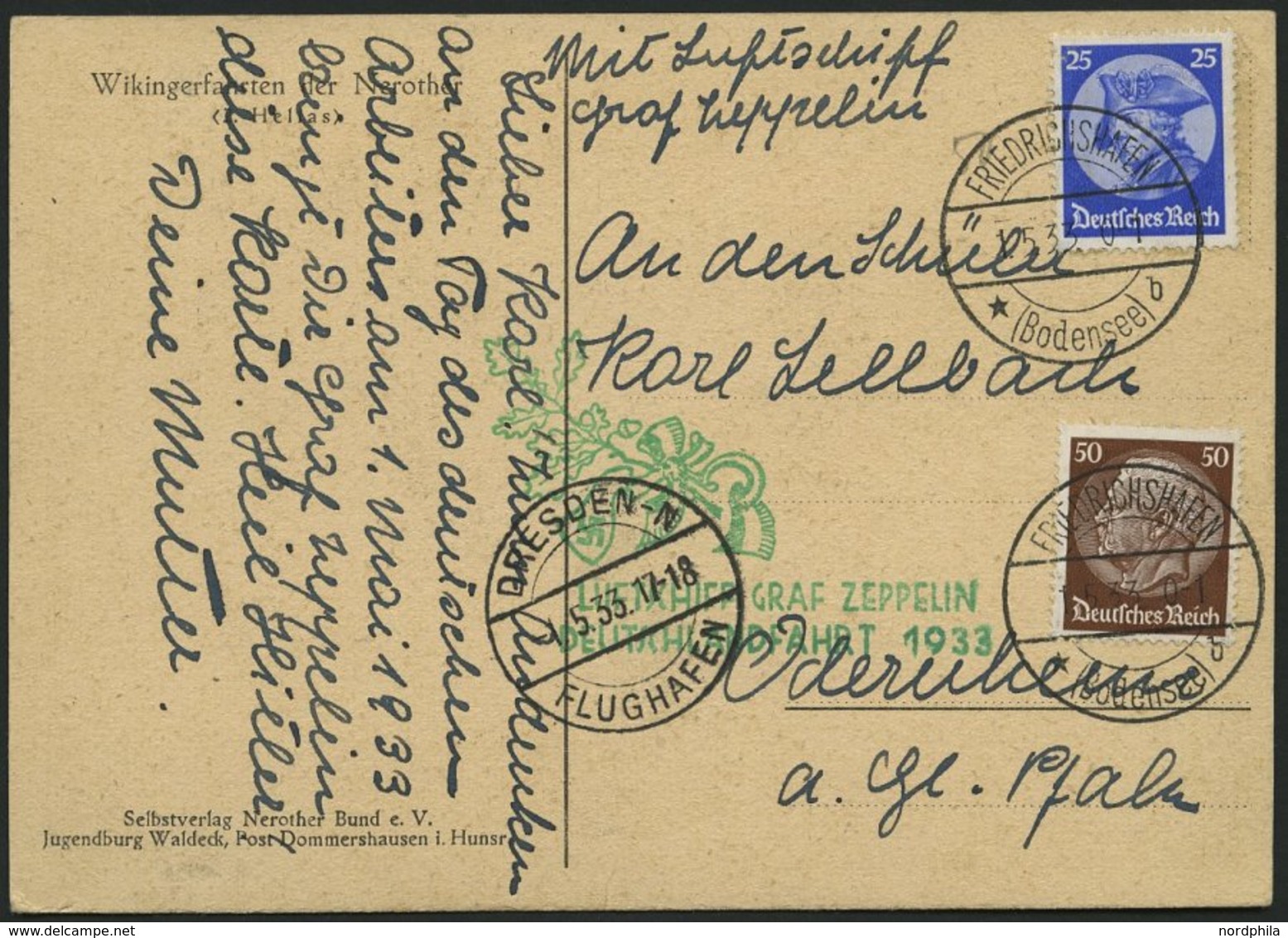 ZEPPELINPOST 201Aa BRIEF, 1933, Deutschlandfahrt, Auflieferung Fr`hafen, Abwurf Dresden, Prachtkarte - Zeppeline