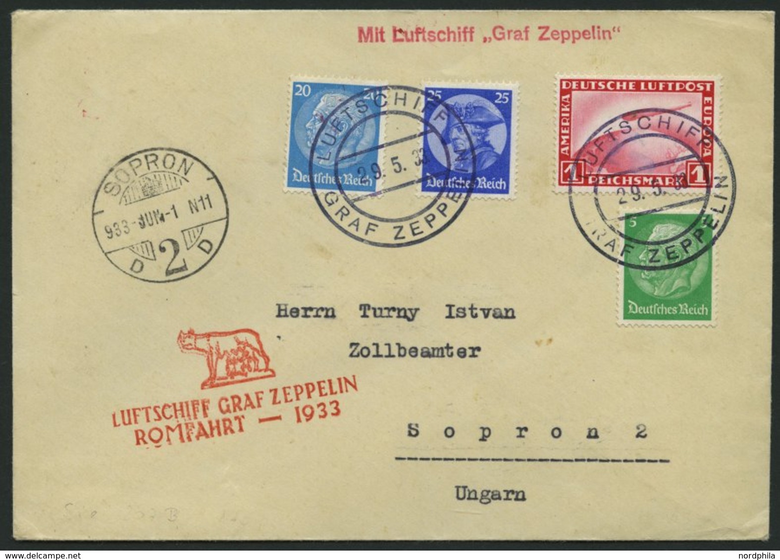 ZEPPELINPOST 207Bb BRIEF, 1933, Italienfahrt, Postabgabe Rom, Bordpost, Prachtbrief Nach Ungarn - Zeppeline