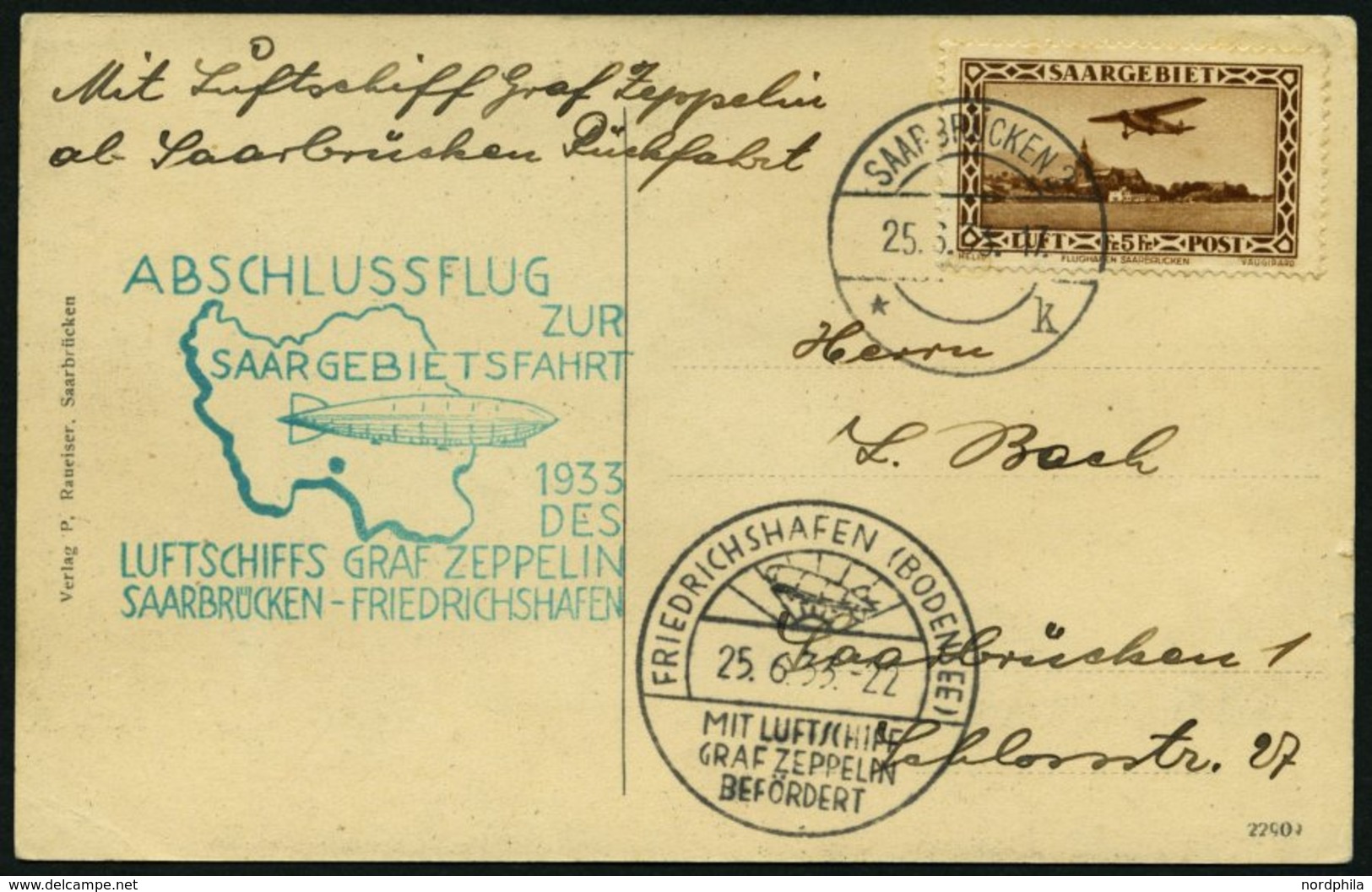 ZEPPELINPOST 218B BRIEF, 1933, Saargebietsfahrt, Saargebiets-Post, Rückfahrt, Frankiert Mit Mi.Nr. 159, Prachtkarte - Zeppeline