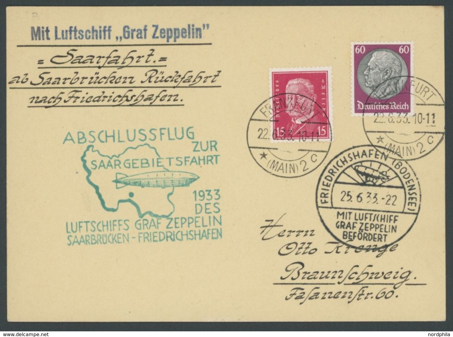 1933, Saargebietsfahrt, Saargebiets-Post, Rückfahrt, Prachtkarte -> Automatically Generated Translation: 1933, "Saar Reg - Zeppeline