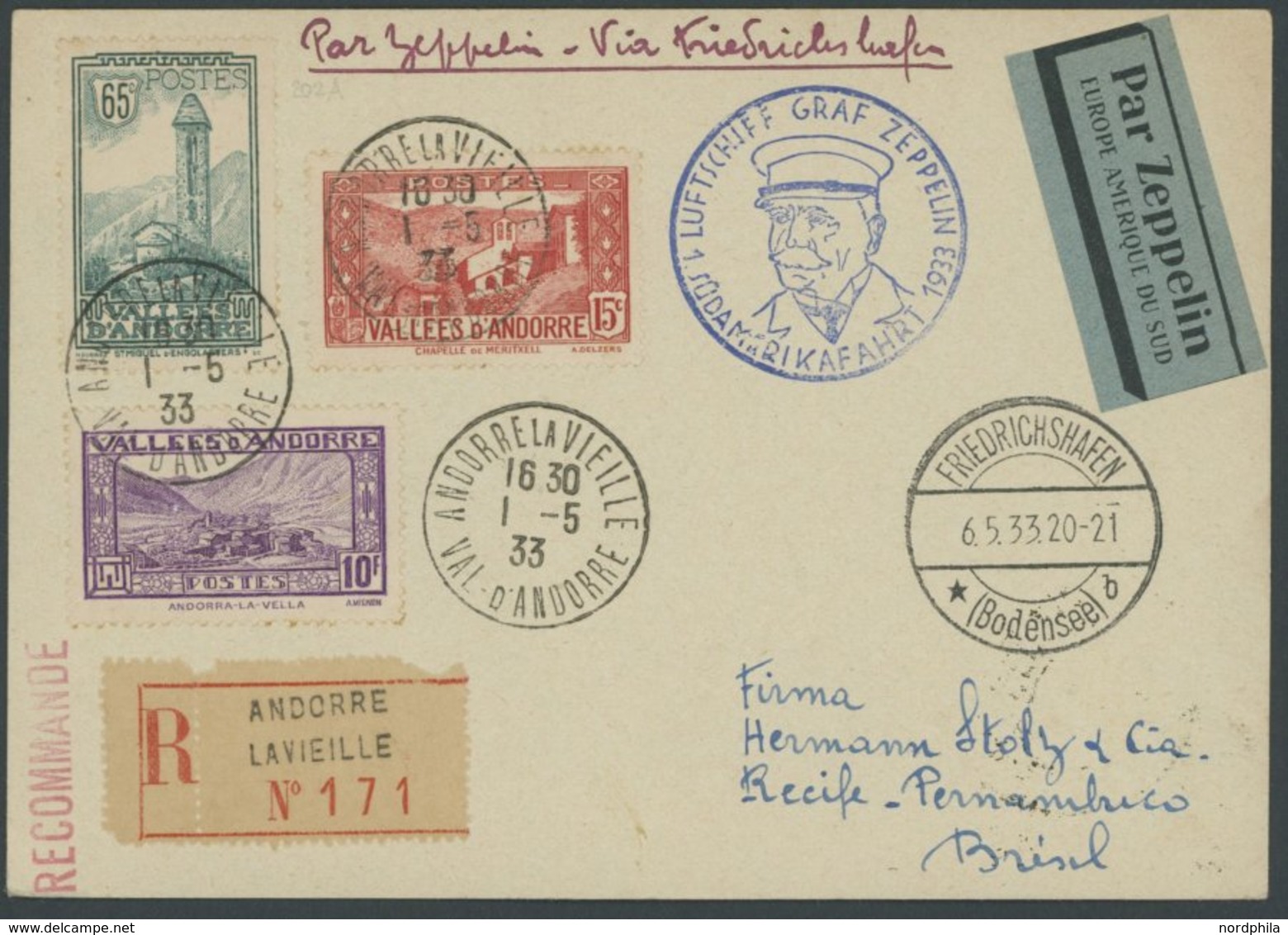 Andorra Französisches Postamt: 1933, 1. Südamerikafahrt, Einschreibkarte, Pracht, Fotoattest Sieger -> Automatically Gen - Poste Aérienne & Zeppelin