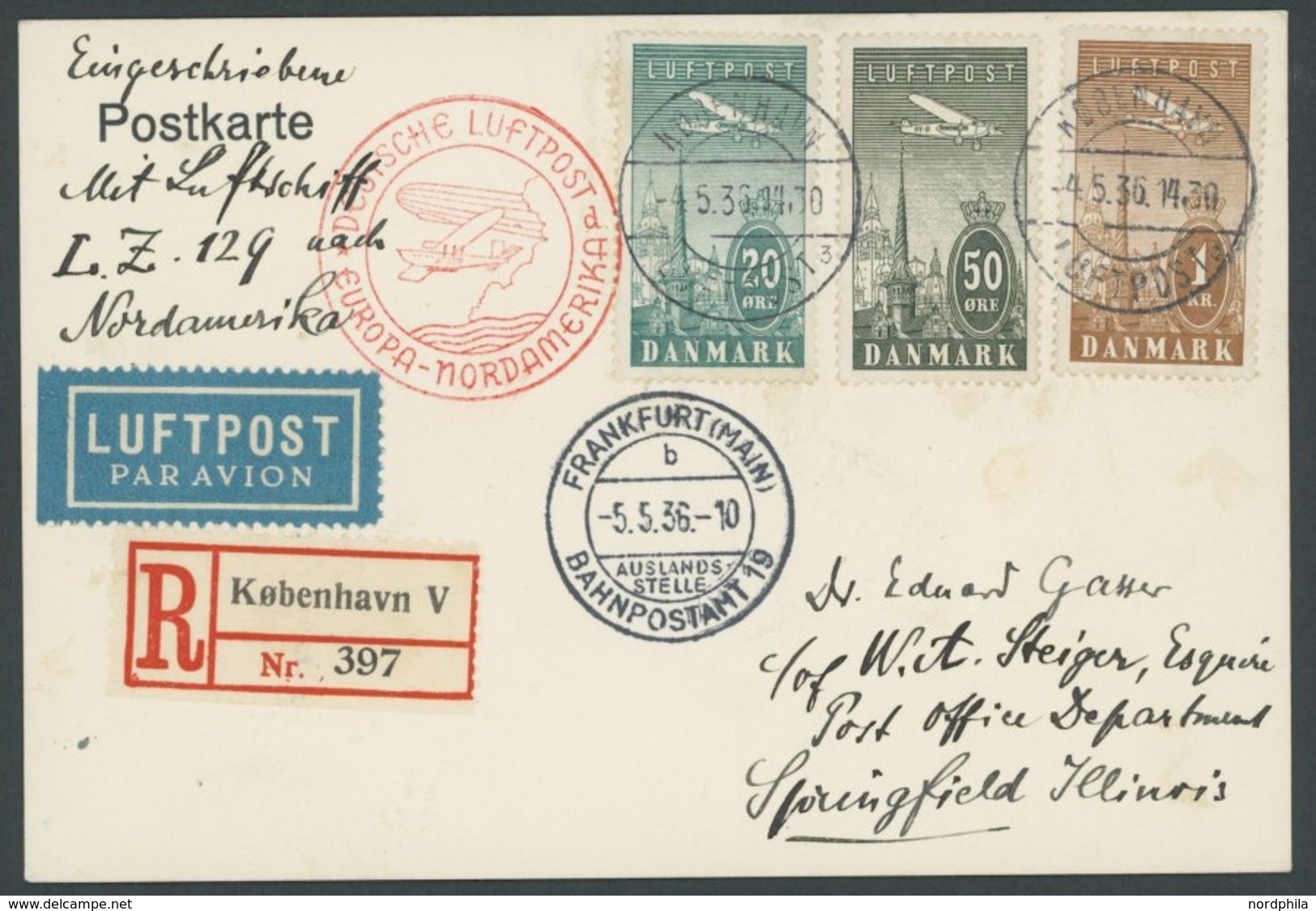 Dänemark: 1936, 1. Nordamerikafahrt, Auflieferung Frankfurt (d), Einschreibkarte, Pracht -> Automatically Generated Tran - Luft- Und Zeppelinpost