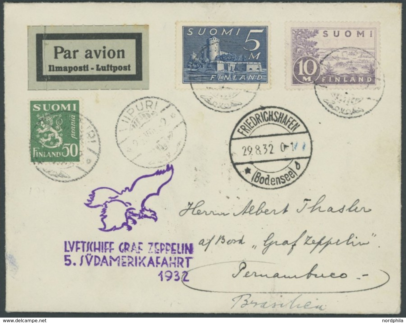 Finnland: 1932, 5. Südamerikafahrt, Brief Ab Viipuri!, U.a. Mit Rückseitigem Bahnpoststempel Pracht -> Automatically Gen - Luft- Und Zeppelinpost