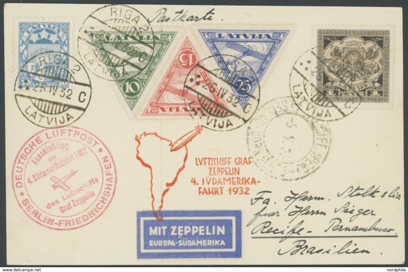 Lettland: 1932, 4. Südamerikafahrt, Anschlussflug Ab Berlin, Sieger Unbekannt!, Prachtkarte, Gepr. Aissinger -> Automati - Posta Aerea & Zeppelin