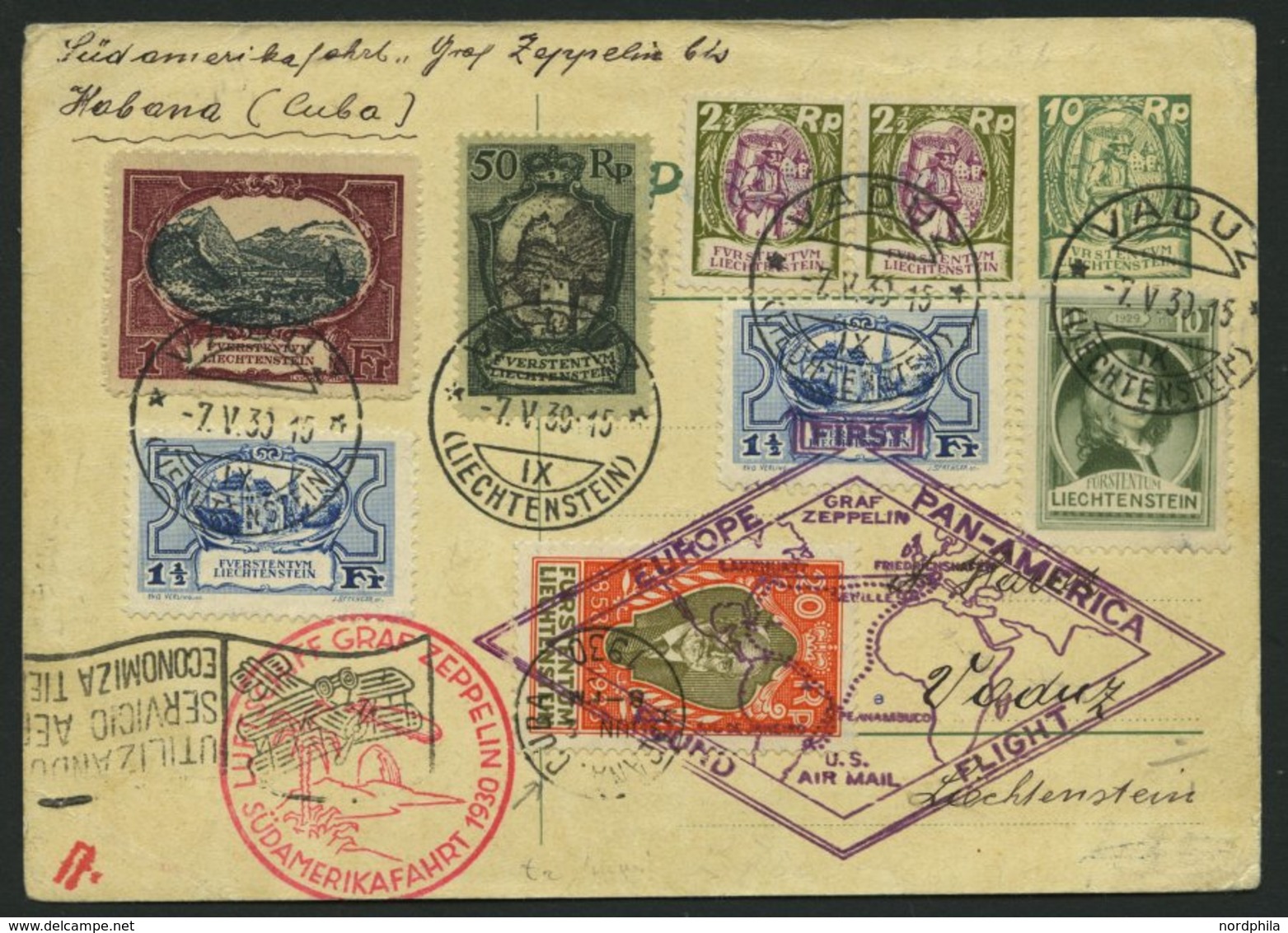 ZULEITUNGSPOST 57FF BRIEF, Liechtenstein: 1930, Südamerikafahrt, Bis Havanna/Cuba, Gute Frankatur, Leichte Beförderungss - Posta Aerea & Zeppelin