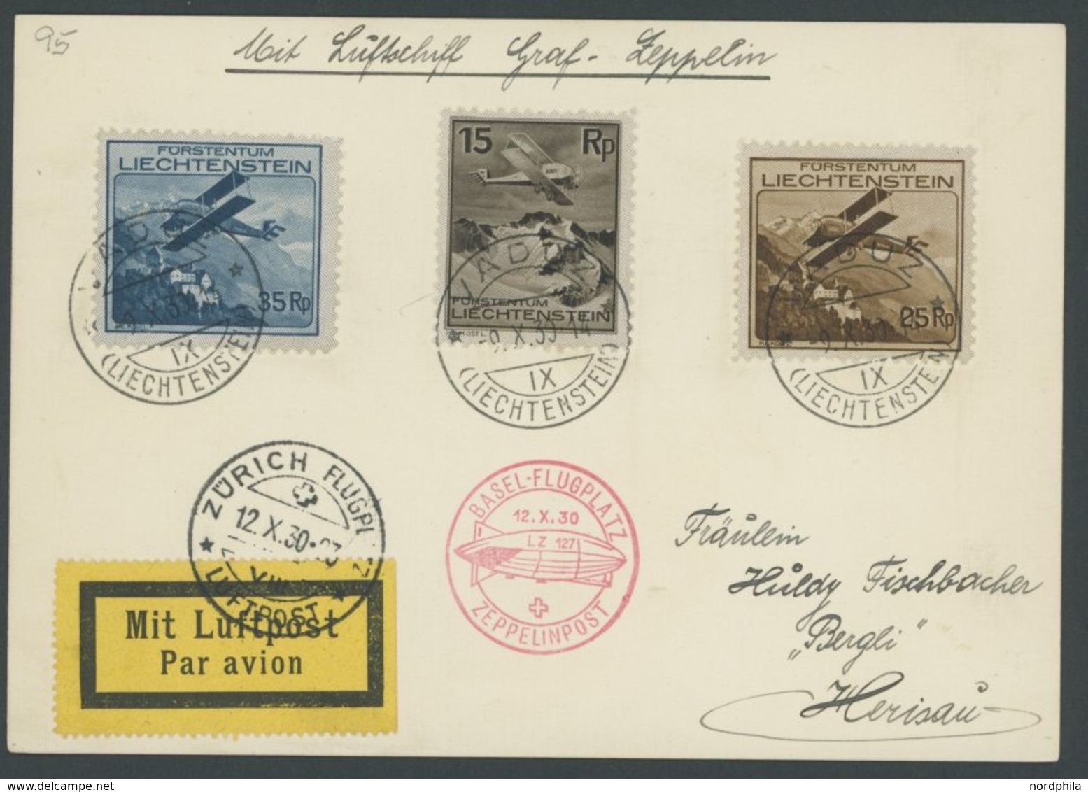 Liechtenstein: 1930, Fahrt Basel-Zürich, Frankiert Mit Mi.Nr. 108,110/1, Prachtkarte -> Automatically Generated Translat - Posta Aerea & Zeppelin