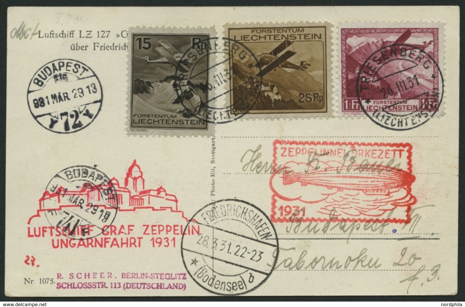 ZULEITUNGSPOST 101 BRIEF, Liechtenstein: 1931, Ungarnfahrt, Prachtkarte - Posta Aerea & Zeppelin