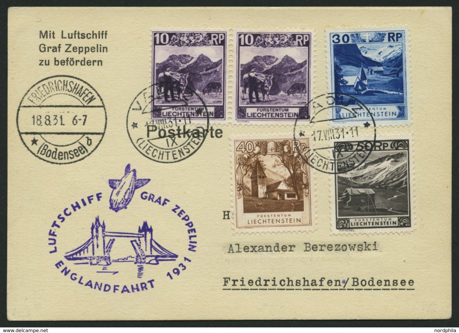 ZULEITUNGSPOST 122 BRIEF, Liechtenstein: 1931, Englandfahrt, Prachtkarte - Posta Aerea & Zeppelin