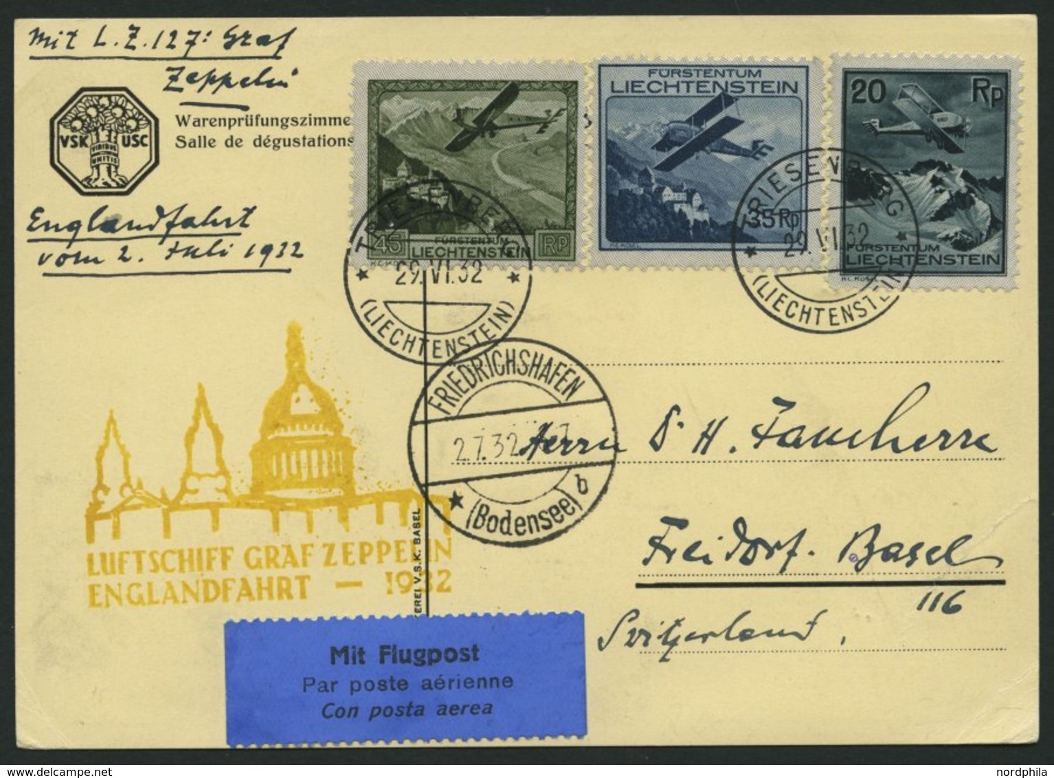 ZULEITUNGSPOST 168 BRIEF, Liechtenstein: 1932, Englandfahrt, Prachtkarte - Posta Aerea & Zeppelin