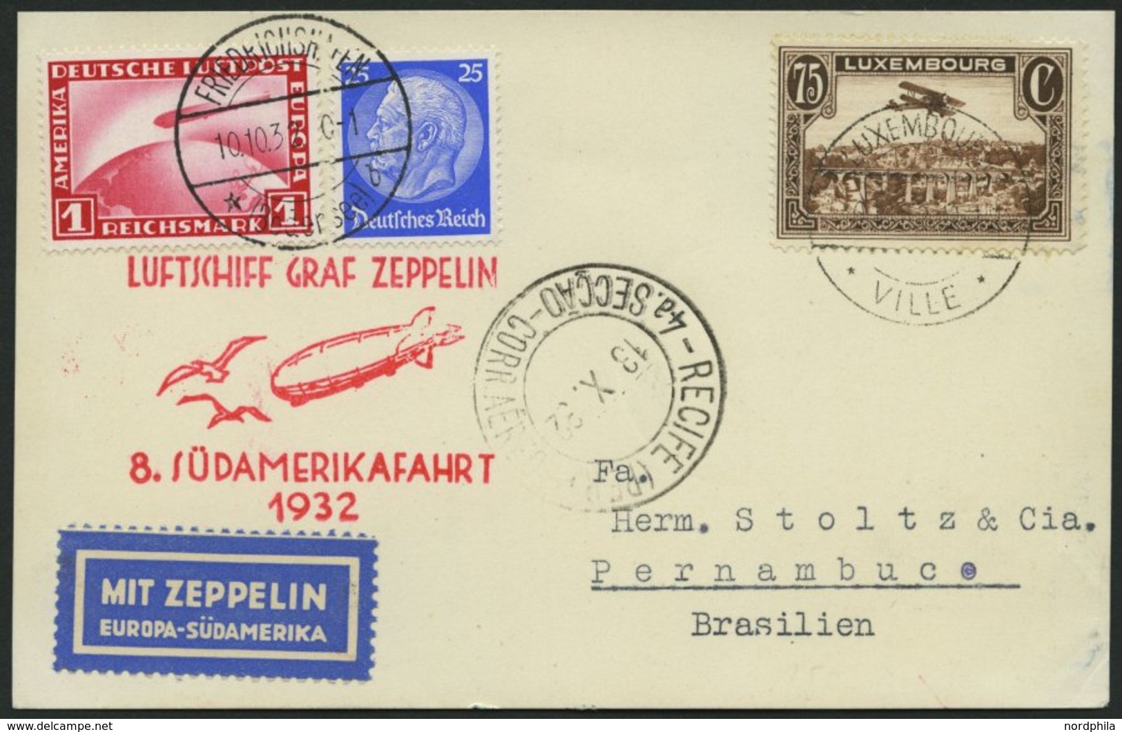 ZULEITUNGSPOST 189 BRIEF, Luxemburg: 1932, 8. Südamerikafahrt, Prachtkarte - Luft- Und Zeppelinpost