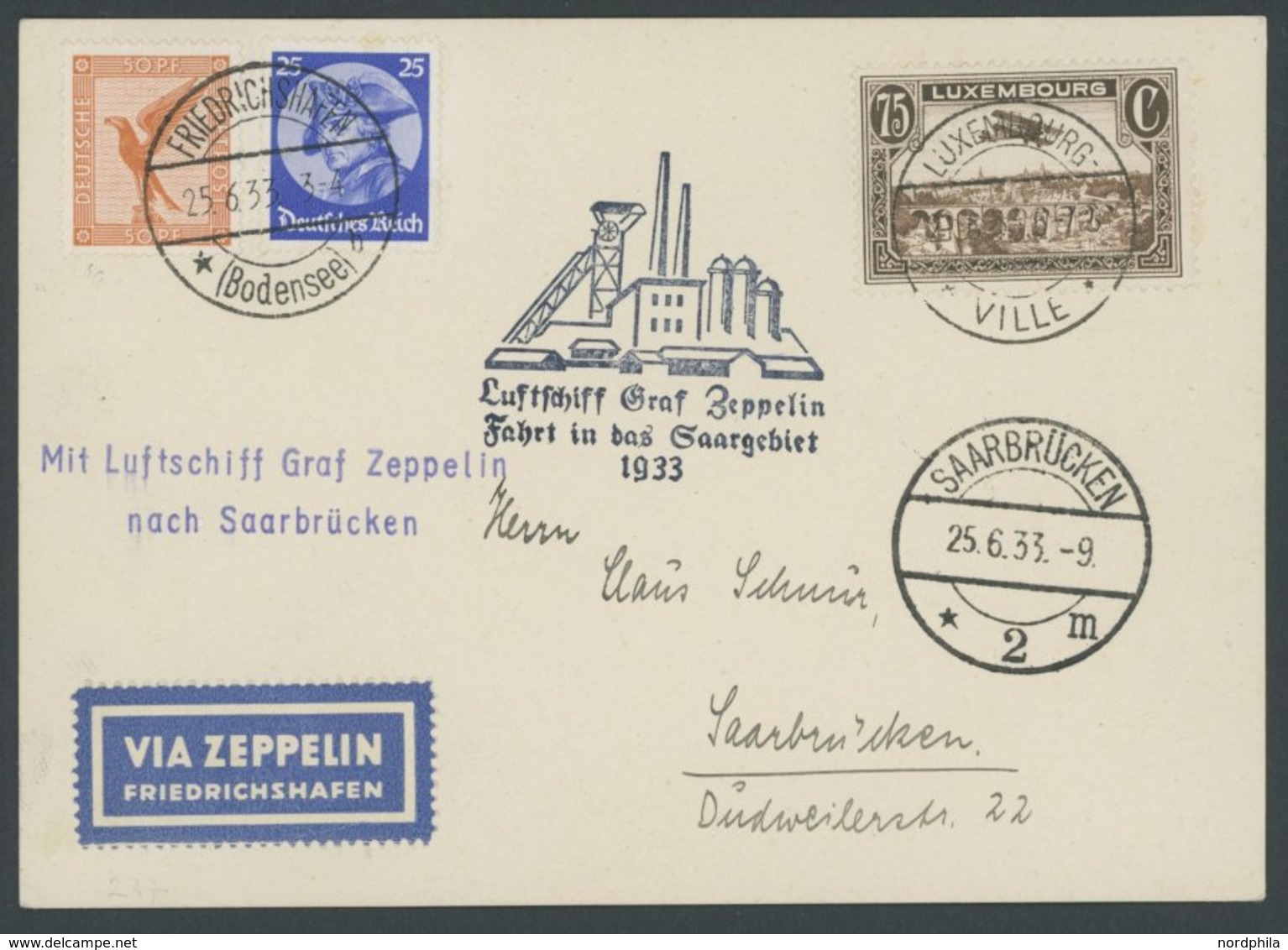 Luxemburg: 1933, Saargebietsfahrt, Prachtkarte -> Automatically Generated Translation: Luxembourg: 1933, "Saar Region Tr - Posta Aerea & Zeppelin