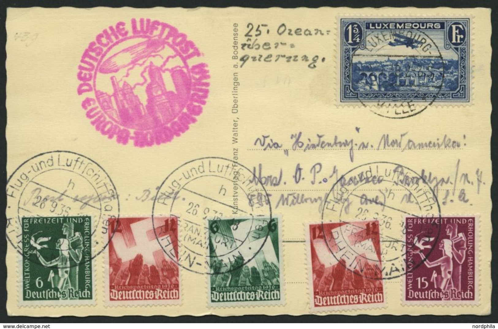 ZULEITUNGSPOST 439 BRIEF, Luxemburg: 1936, 9. Nordamerikafahrt, Prachtkarte - Posta Aerea & Zeppelin