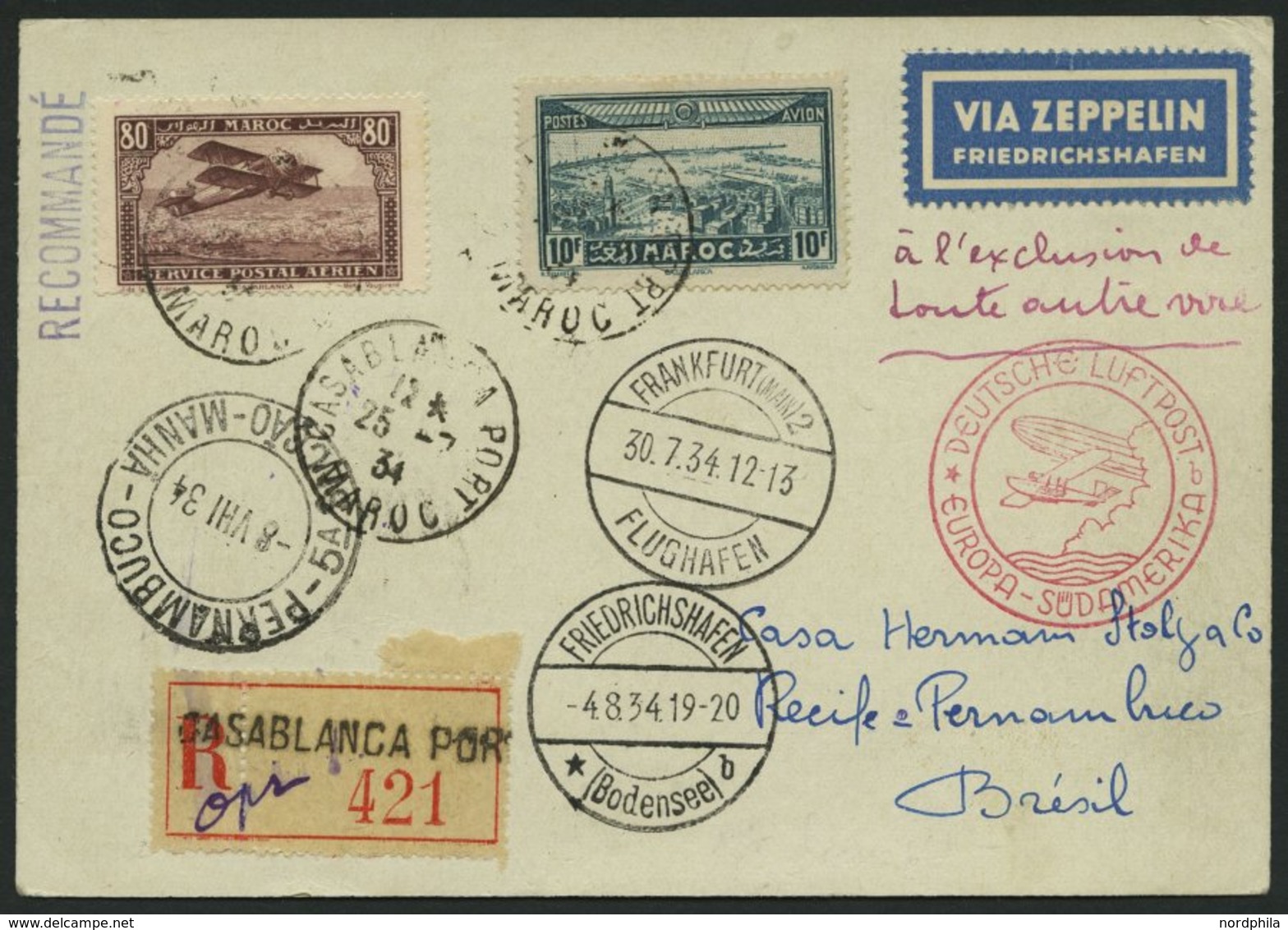 ZULEITUNGSPOST 265 BRIEF, Marokko Französisches Protektorat: 1934, 5. Südamerikafahrt, Einschreibbrief Aus CASABLANCA PO - Luft- Und Zeppelinpost