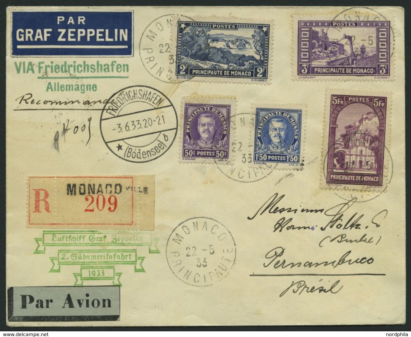 ZULEITUNGSPOST 214 BRIEF, Monaco: 1933, 2. Südamerikafahrt, Einschreibbrief, Pracht - Posta Aerea & Zeppelin