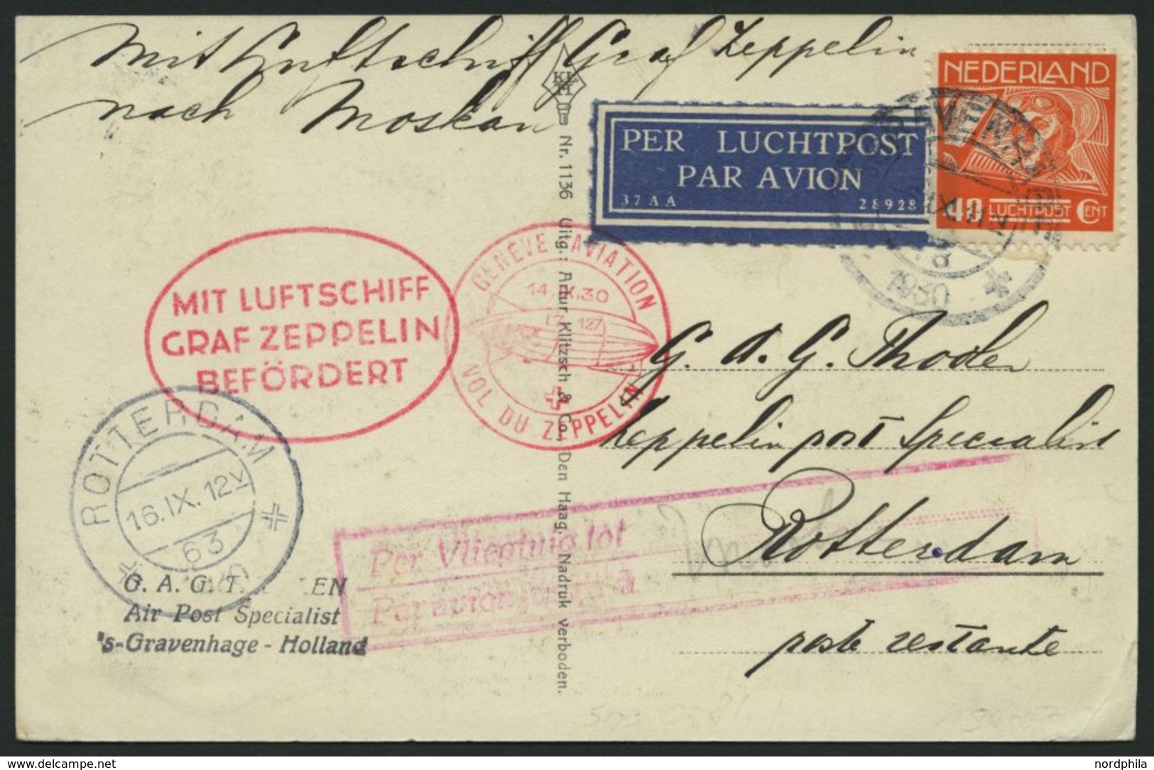 ZULEITUNGSPOST 86 BRIEF, Niederlande: 1930, Landungsfahrt Nach Genf, Prachtkarte - Luft- Und Zeppelinpost