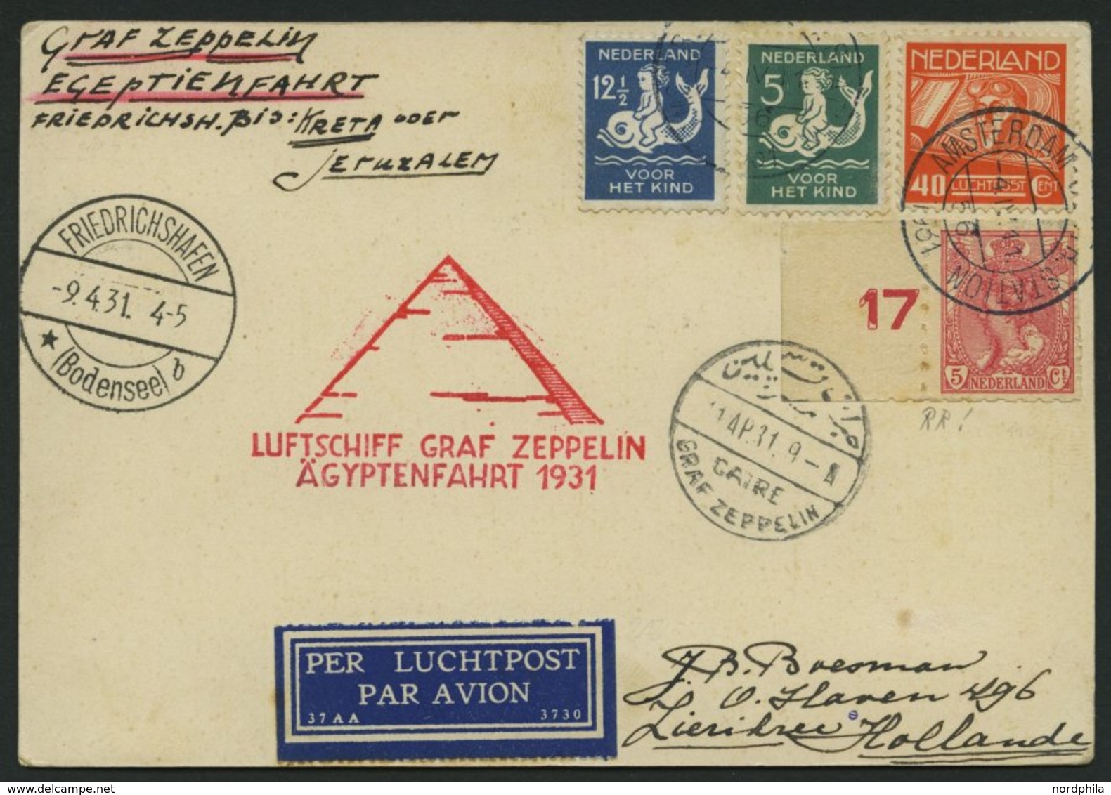 ZULEITUNGSPOST 104 BRIEF, Niederlande: 1931, Ägyptenfahrt, Frankiert U.a. Mit Mi.Nr. 110 Mit Nähmaschinendurchstich, Pra - Posta Aerea & Zeppelin