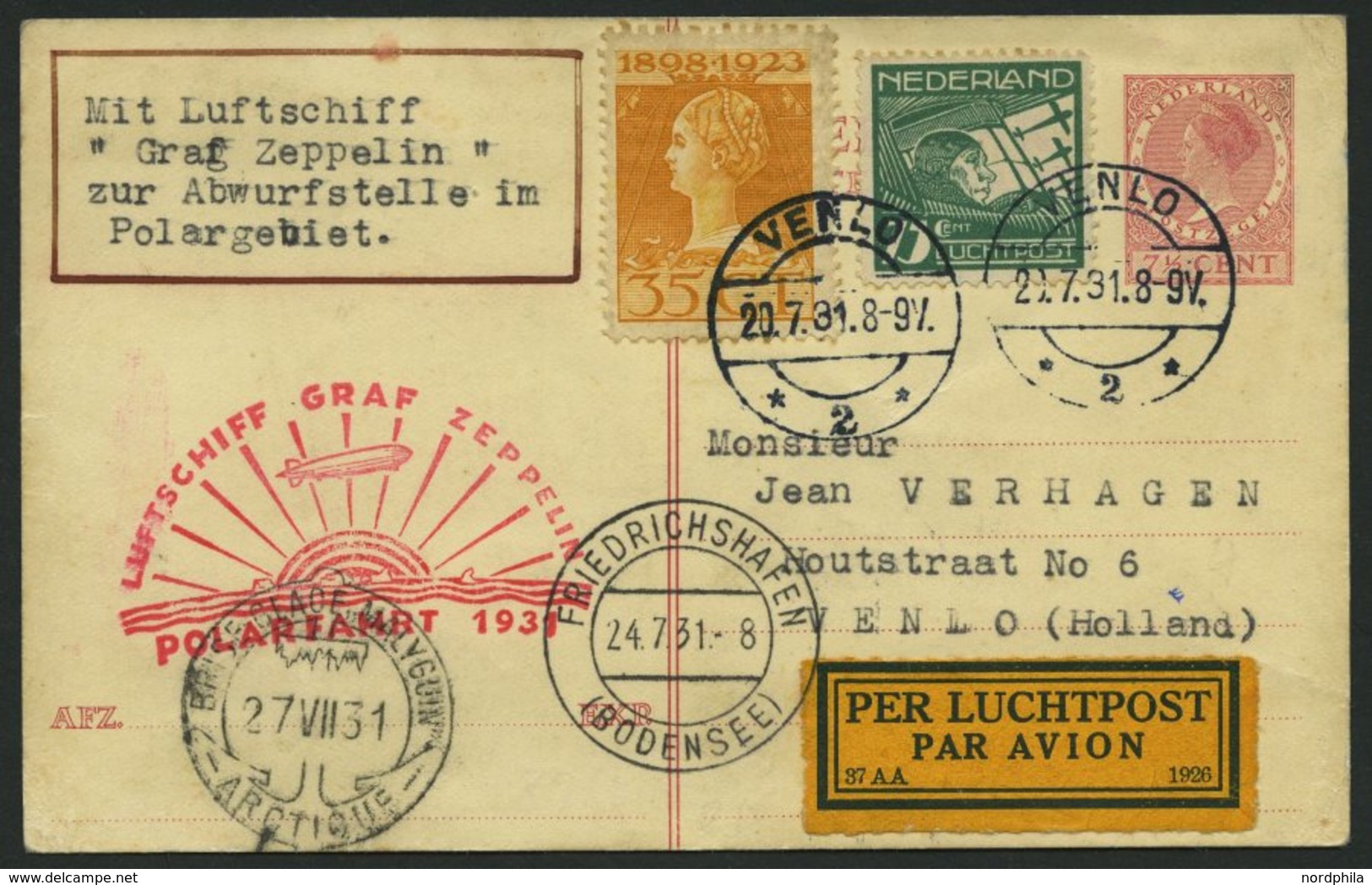 ZULEITUNGSPOST 119C BRIEF, Niederlande: 1931, Polarfahrt, Bis Malygin, Karte Feinst - Posta Aerea & Zeppelin