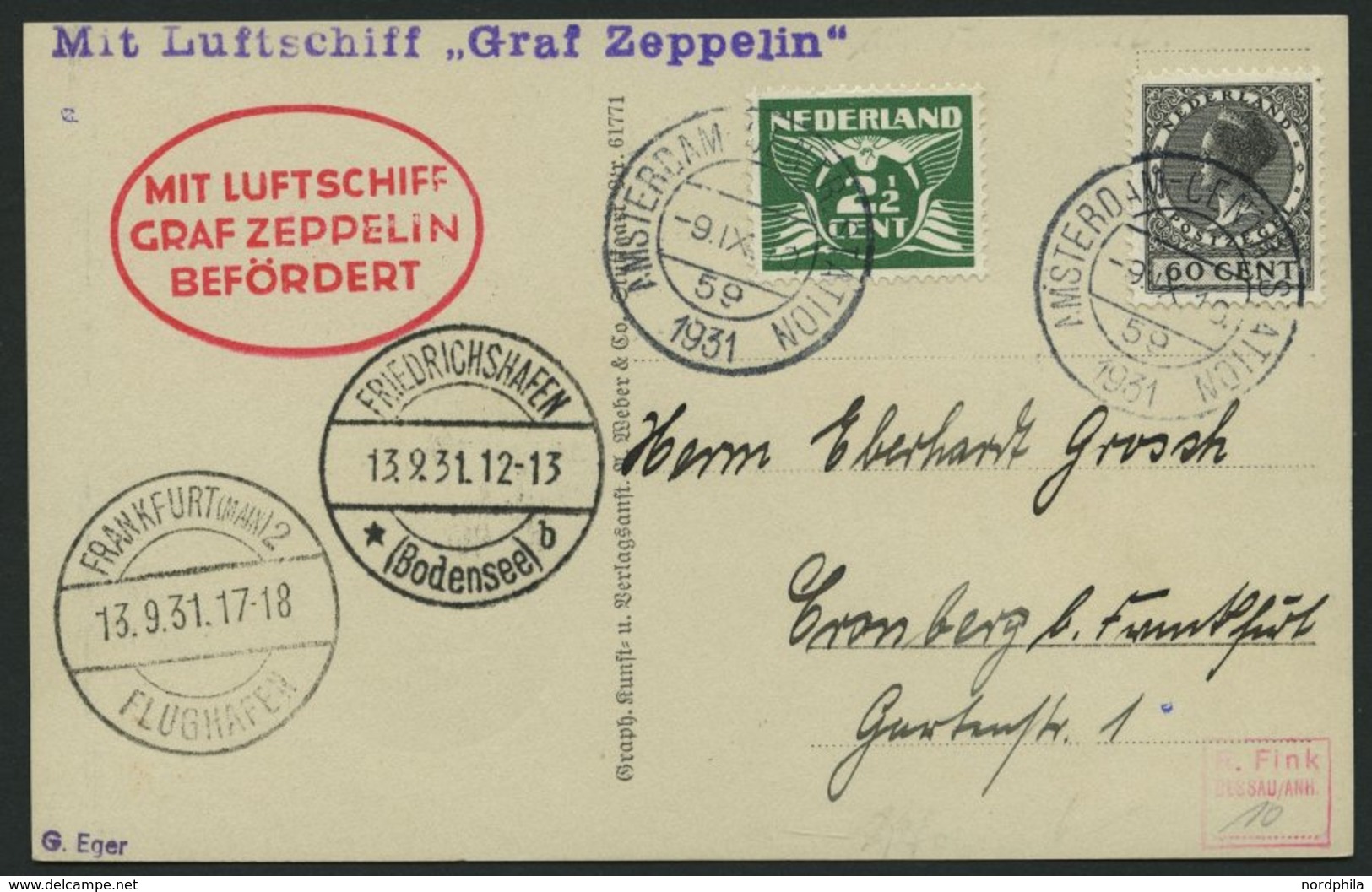 ZULEITUNGSPOST 128 BRIEF, Niederlande: 1931, Fahrt Öhringen-Frankfurt, Prachtkarte - Posta Aerea & Zeppelin