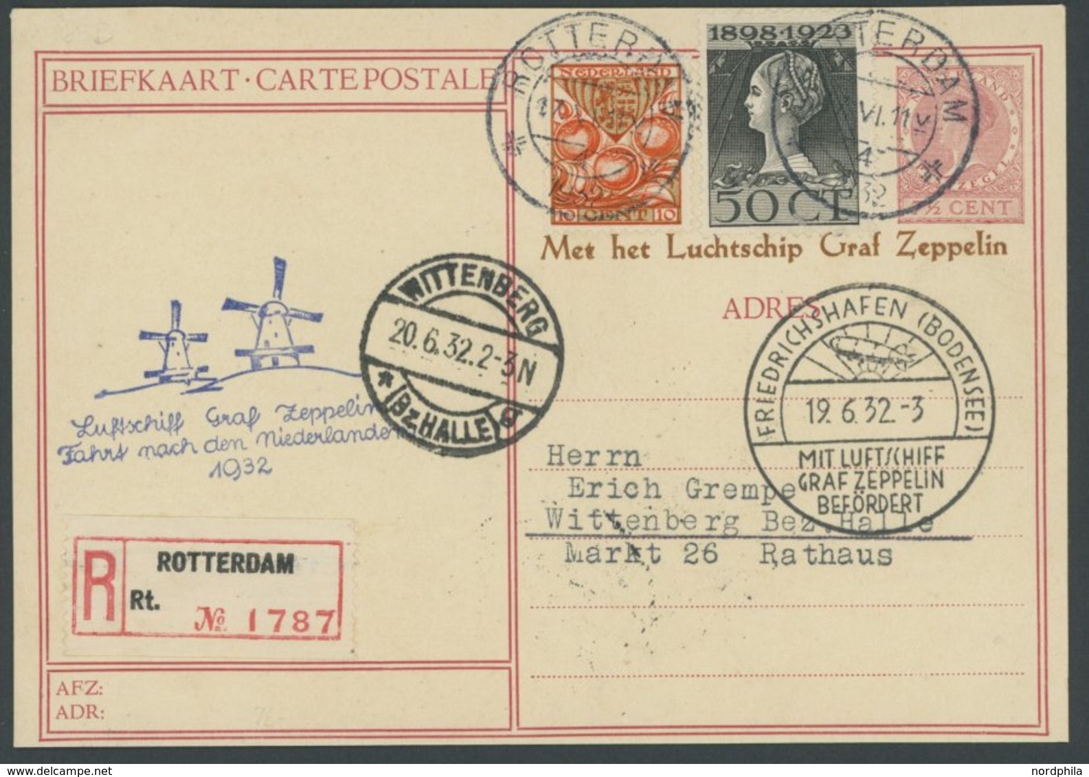 Niederlande: 1932, Fahrt In Die Niederlande, Auflieferung Ab Rotterdam, Bildpost - Ganzsachenkarte Leiden!, Einschreiben - Luft- Und Zeppelinpost