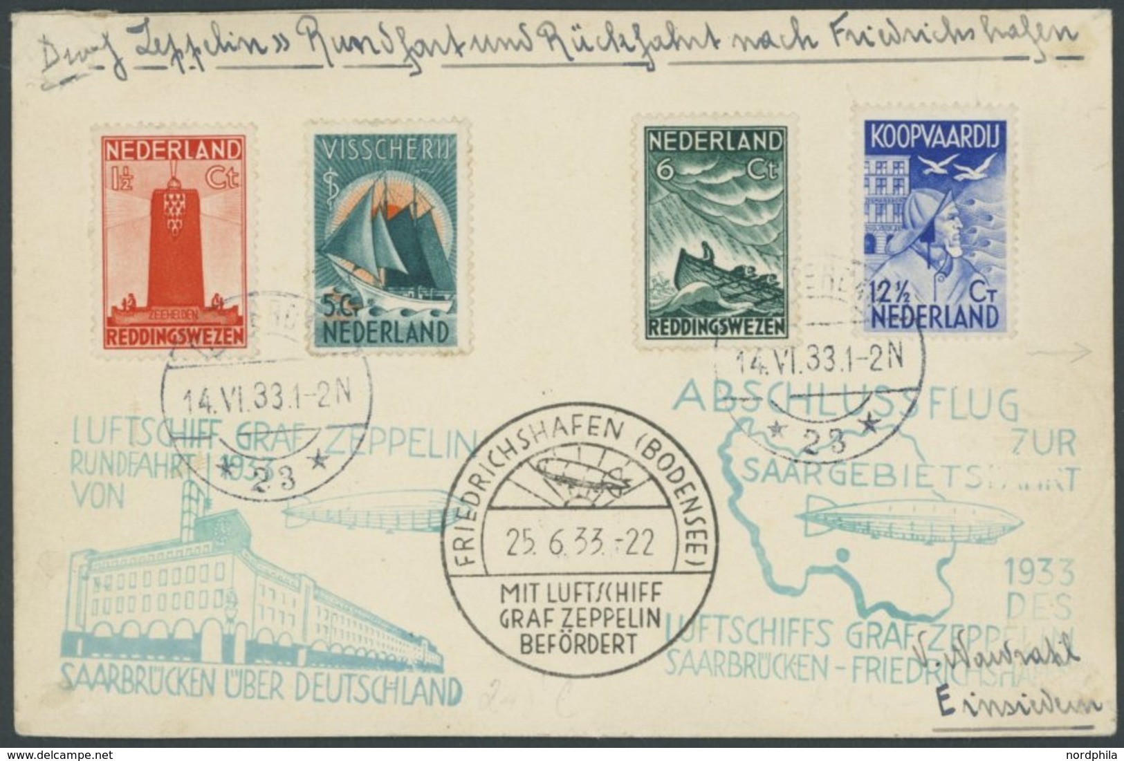 Niederlande: 1933, Saargebietsfahrt, Beide Stempel Auf Karte Mit Mischfrankatur (deutsche Frankatur Rückseitig) In Die S - Posta Aerea & Zeppelin