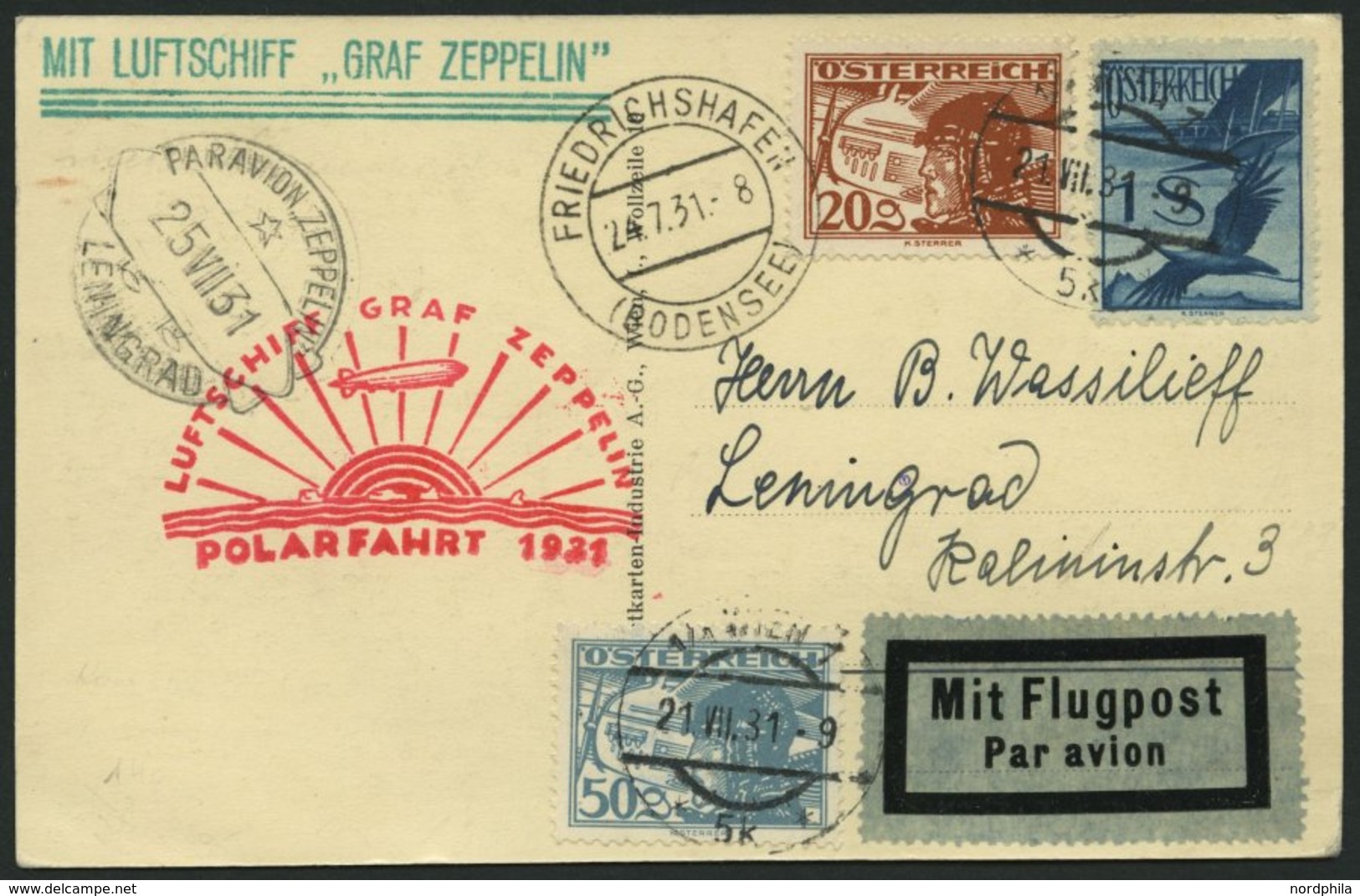ZULEITUNGSPOST 119 BRIEF, Österreich: 1931, Polarfahrt, Bis Leningrad, Prachtkarte - Luft- Und Zeppelinpost