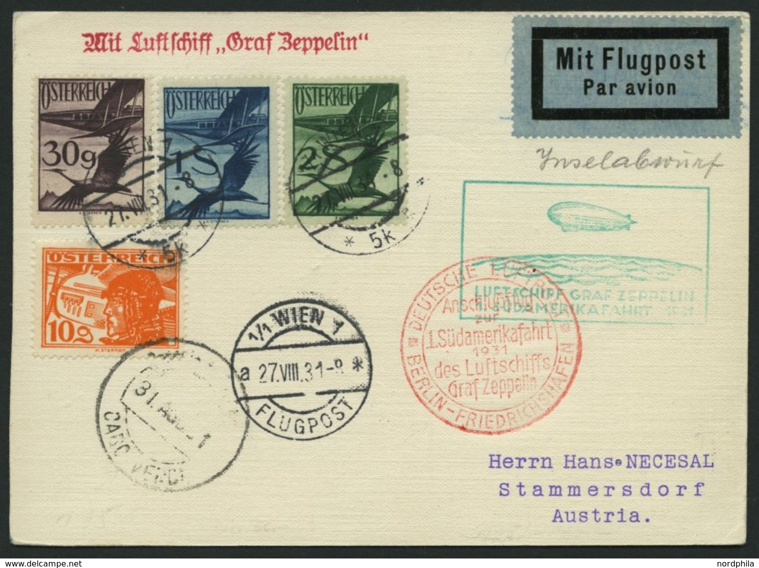 ZULEITUNGSPOST 124Da BRIEF, Österreich: 1931, 1. Südamerikafahrt, Anschlußflug Ab Berlin Bis Kap Verde, Prachtkarte - Luft- Und Zeppelinpost