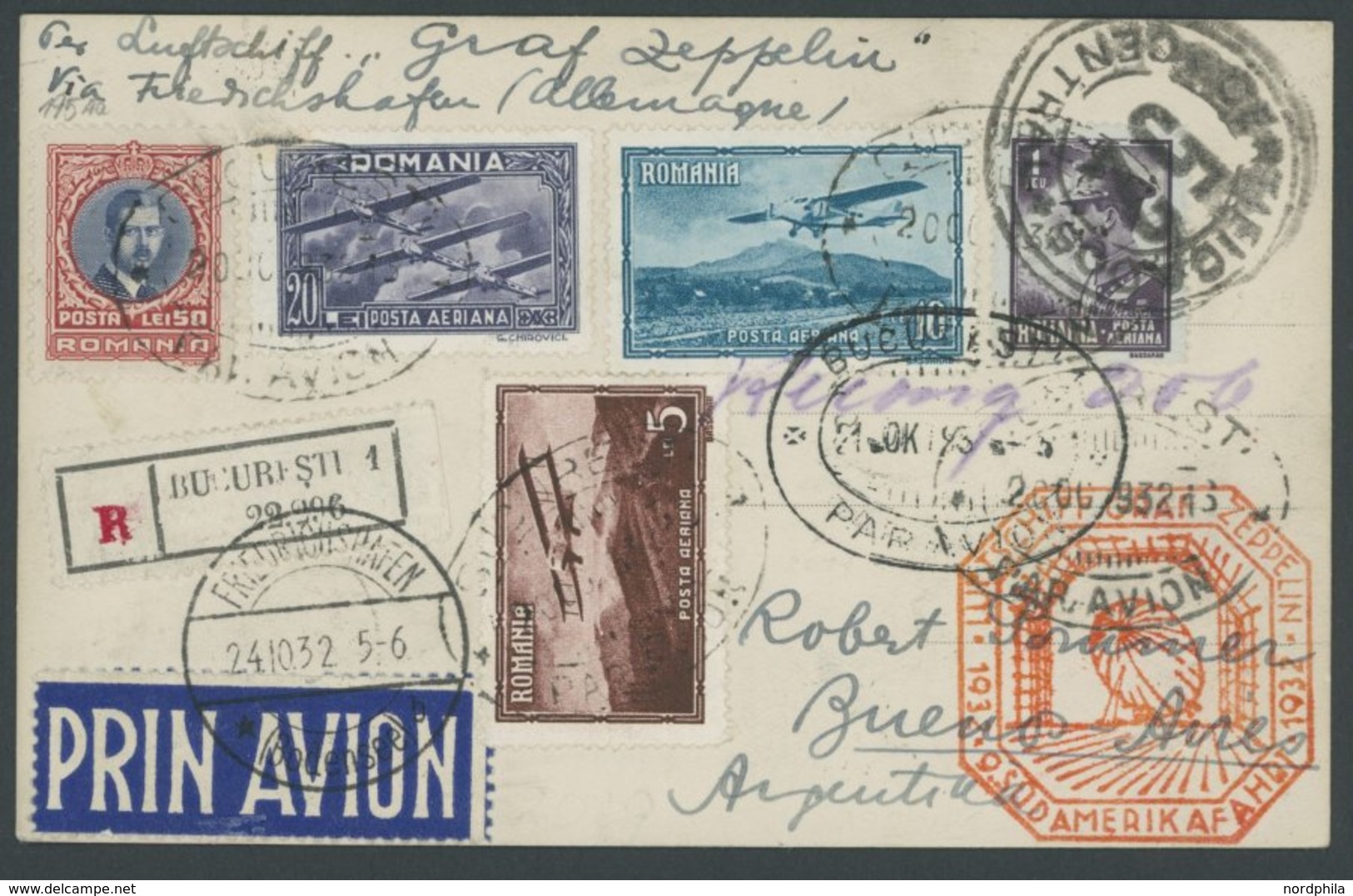 Rumänien: 1932, 9. Südamerikafahrt, Anschlussflug Ab Stuttgart, Frankiert U.a. Mit Mi.Nr.421-23, Einschreibkarte, Pracht - Luft- Und Zeppelinpost