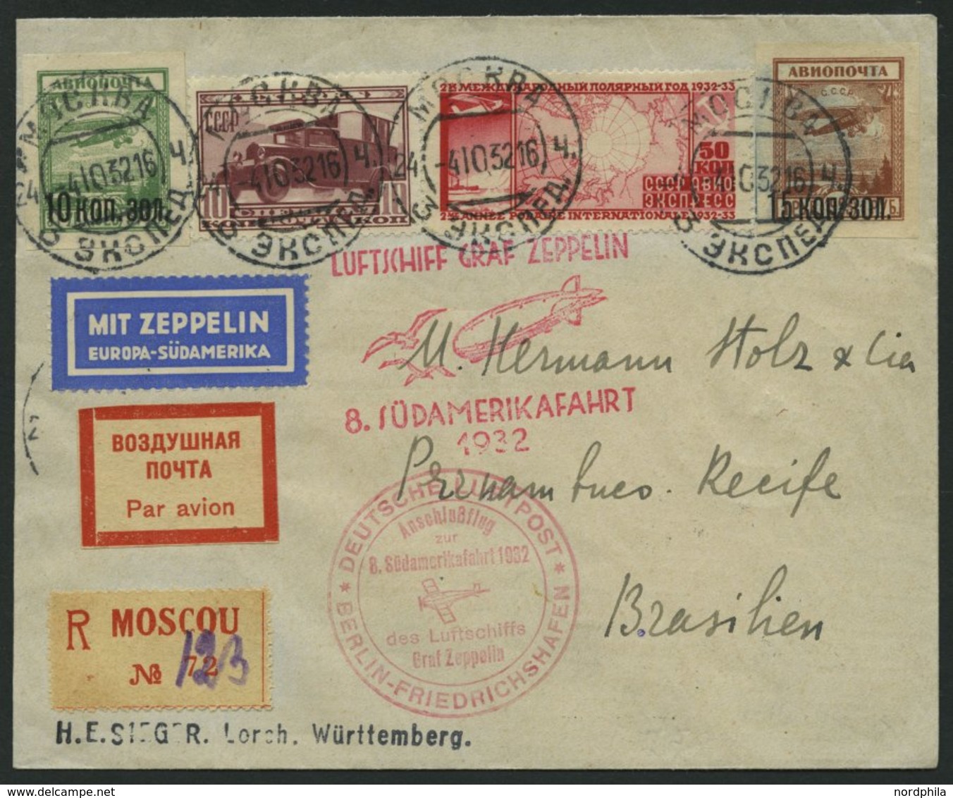 ZULEITUNGSPOST 189B BRIEF, Russland: 8. Südamerikafahrt, Anschlußflug Ab Berlin, Gute Frankatur, Prachtbrief - Posta Aerea & Zeppelin