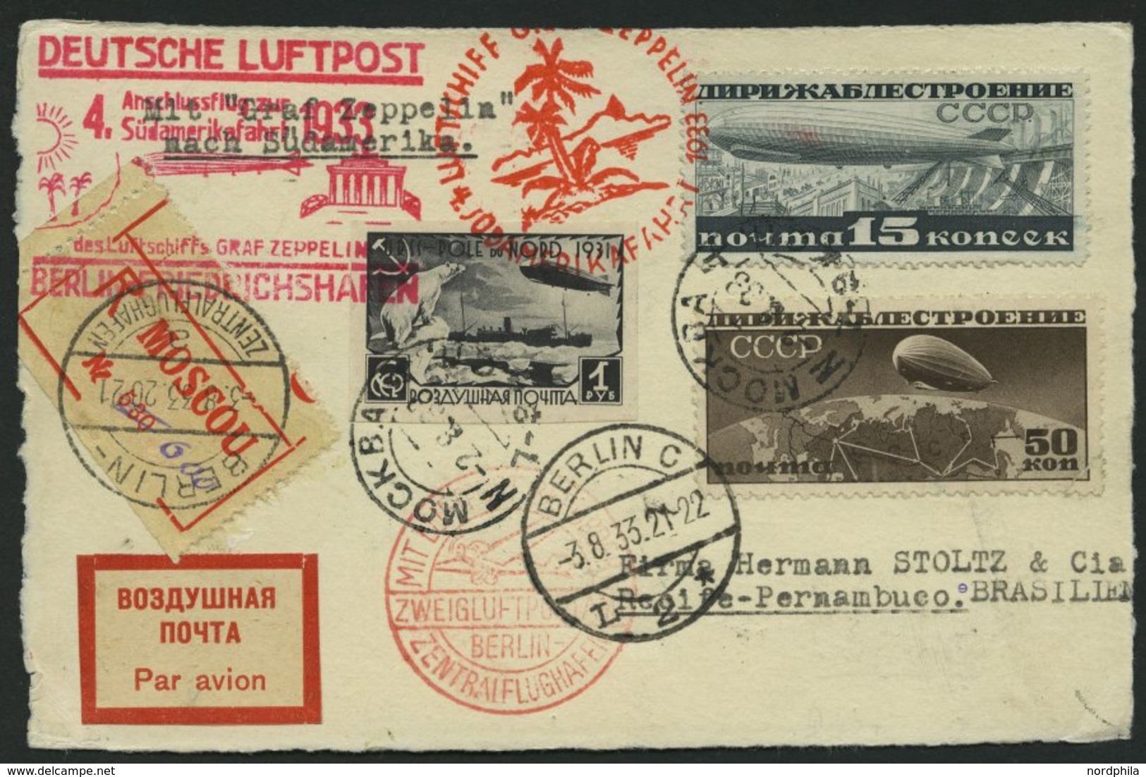 ZULEITUNGSPOST 223B BRIEF, Russland: 1933, 4. Südamerikafahrt, Anschlußflug Ab Berlin, Einschreibkarte, Mi.Nr. 400 Defek - Luft- Und Zeppelinpost