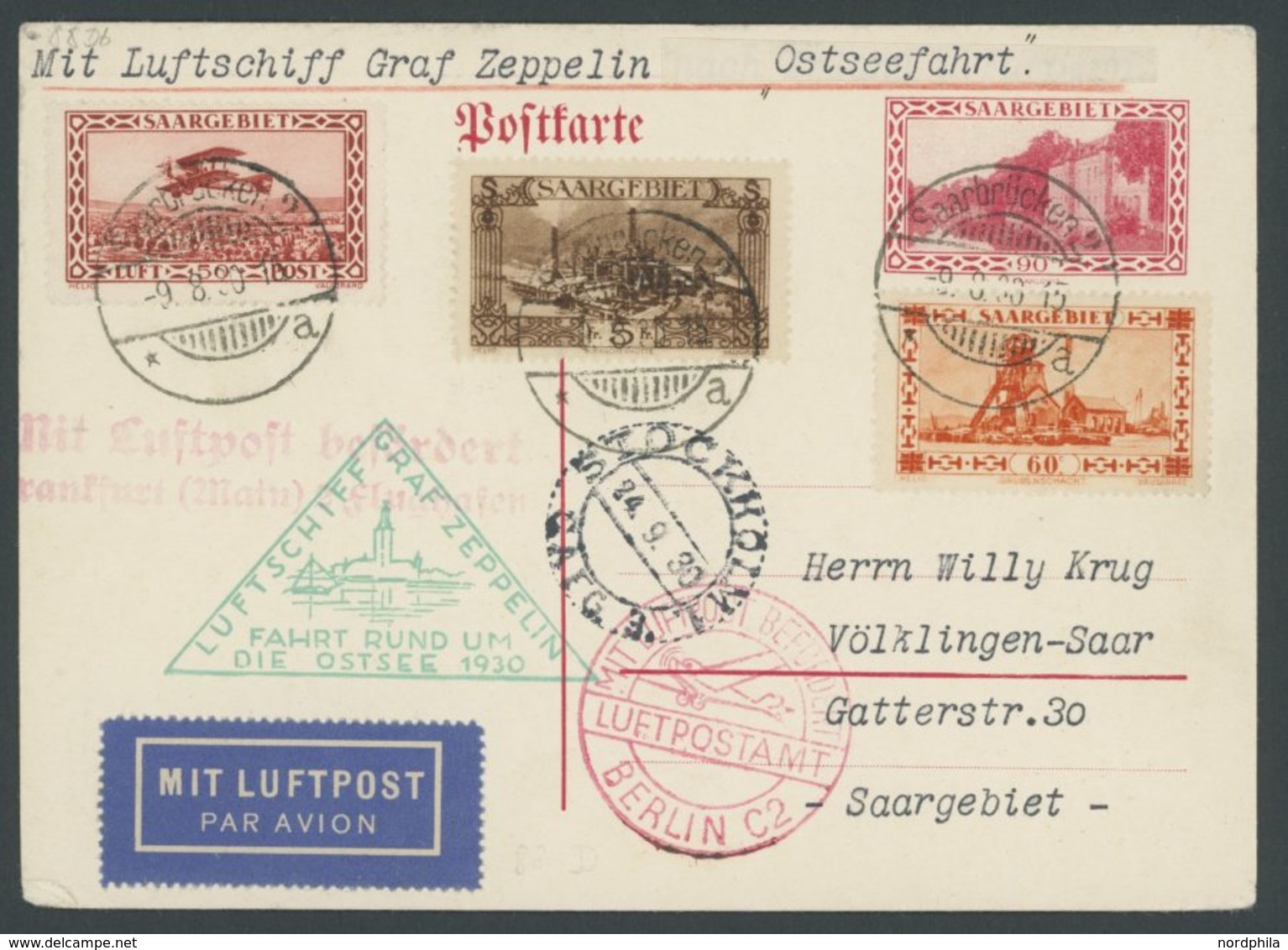 Saargebiet: 1930, Ostseefahrt, Abwurf Stockholm, Auflieferung Friedrichshafen, Karte Feinst -> Automatically Generated T - Luft- Und Zeppelinpost