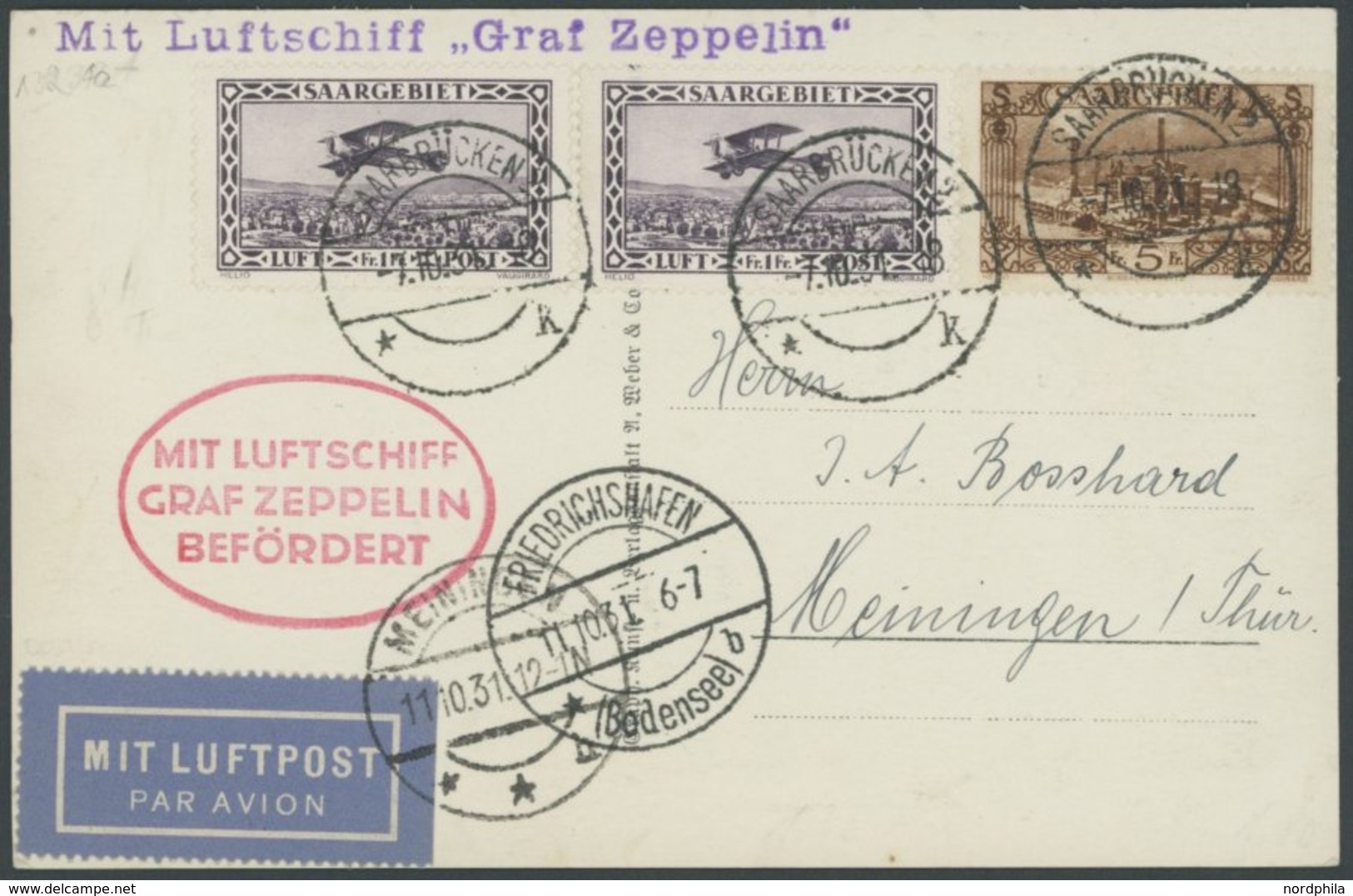Saargebiet: 1931, Fahrt Nach Meiningen, Prachtkarte -> Automatically Generated Translation: Saar Region: 1931, "trip To  - Posta Aerea & Zeppelin