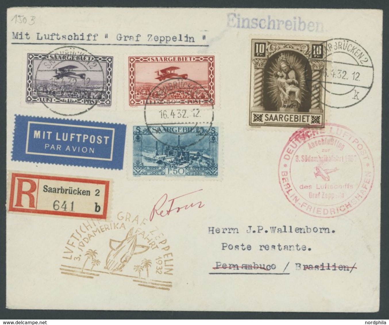 Saargebiet: 1932, 3. Südamerikafahrt, Anschlußflug Ab Berlin, Frankiert U.a. Mit Mi.Nr. 103, Einschreibbrief, Feinst ->  - Posta Aerea & Zeppelin