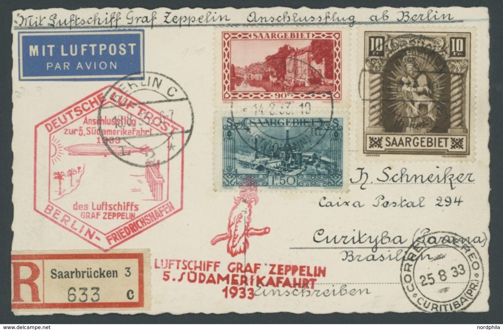 Saargebiet: 1933, 5. Südamerikafahrt, Anschlussflug Ab Berlin, Frankiert U.a. Mit Mi.Nr. 103, Einschreibkarte, Pracht -> - Posta Aerea & Zeppelin