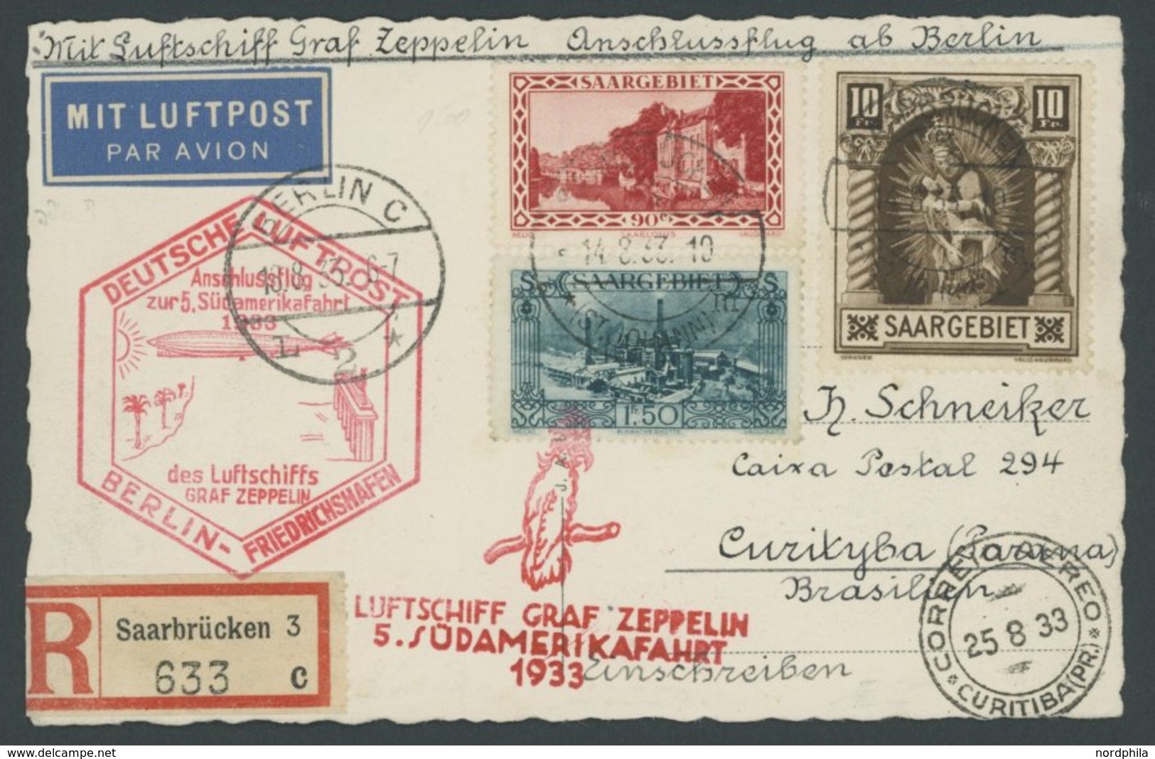 Saargebiet: 1933, 5. Südamerikafahrt, Anschlussflug Ab Berlin, Frankiert U.a. Mit Mi.Nr. 103, Einschreibkarte, Pracht -> - Luft- Und Zeppelinpost