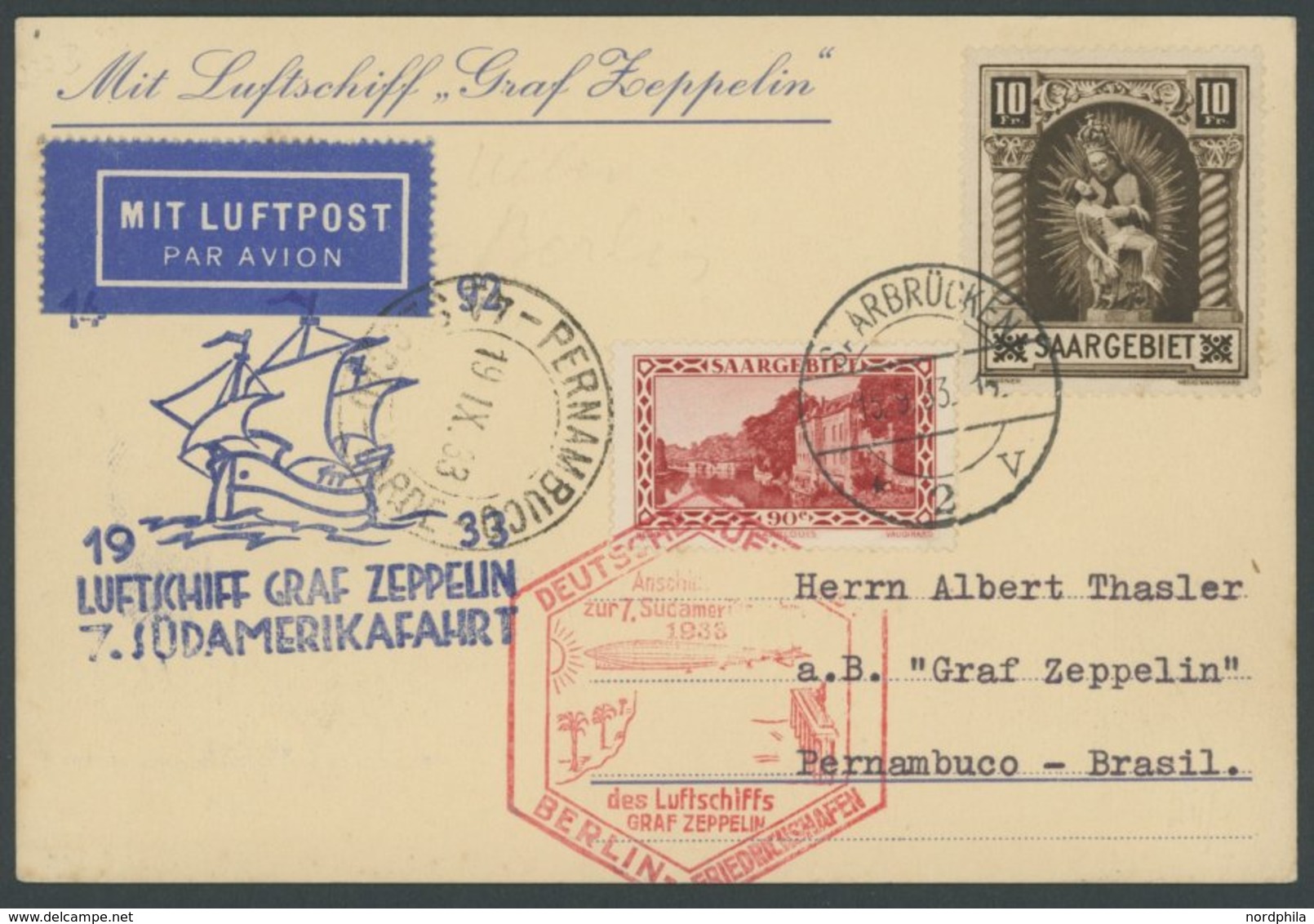 Saargebiet: 1933, 7. Südamerikafahrt, Anschlussflug Ab Berlin, Frankiert U.a. Mit Mi.Nr. 103, Prachtkarte -> Automatical - Posta Aerea & Zeppelin