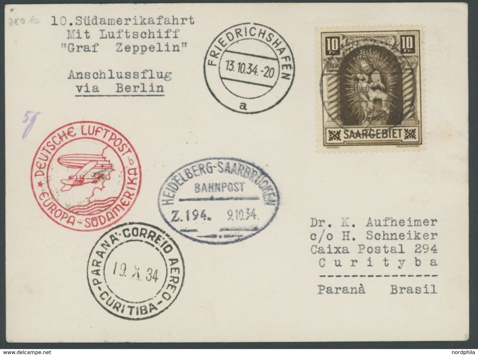 Saargebiet: 1934, 10. Südamerikafahrt, Auflieferung Friedrichshafen Mit Stempel B, Frankiert Mit Mi.Nr. 103 Und Bahnpost - Luft- Und Zeppelinpost