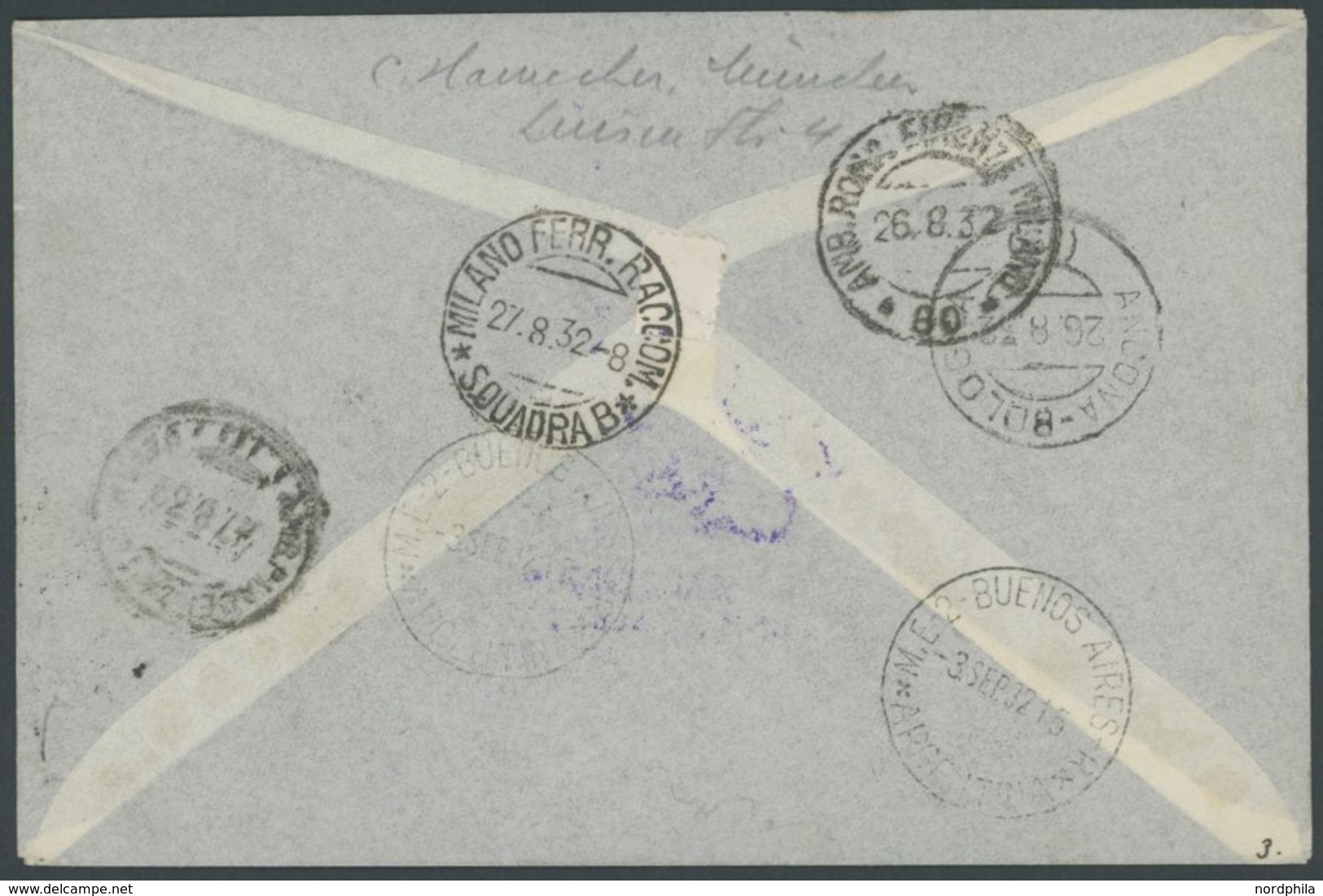 San Marino: 1932, 5. Südamerikafahrt, Einschreibbrief Nach Argentinien Mit Diversen Stempeln, U.a. Mit Rückseitigem Bahn - Posta Aerea & Zeppelin