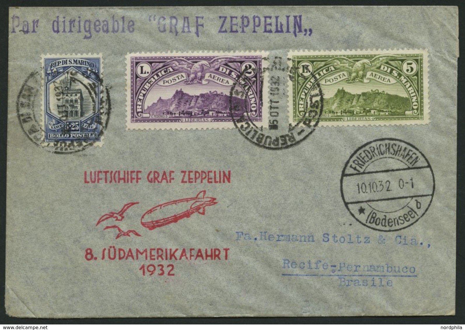 ZULEITUNGSPOST 189 BRIEF, San Marino: 1932, 8. Südamerikafahrt, Prachtbrief - Posta Aerea & Zeppelin
