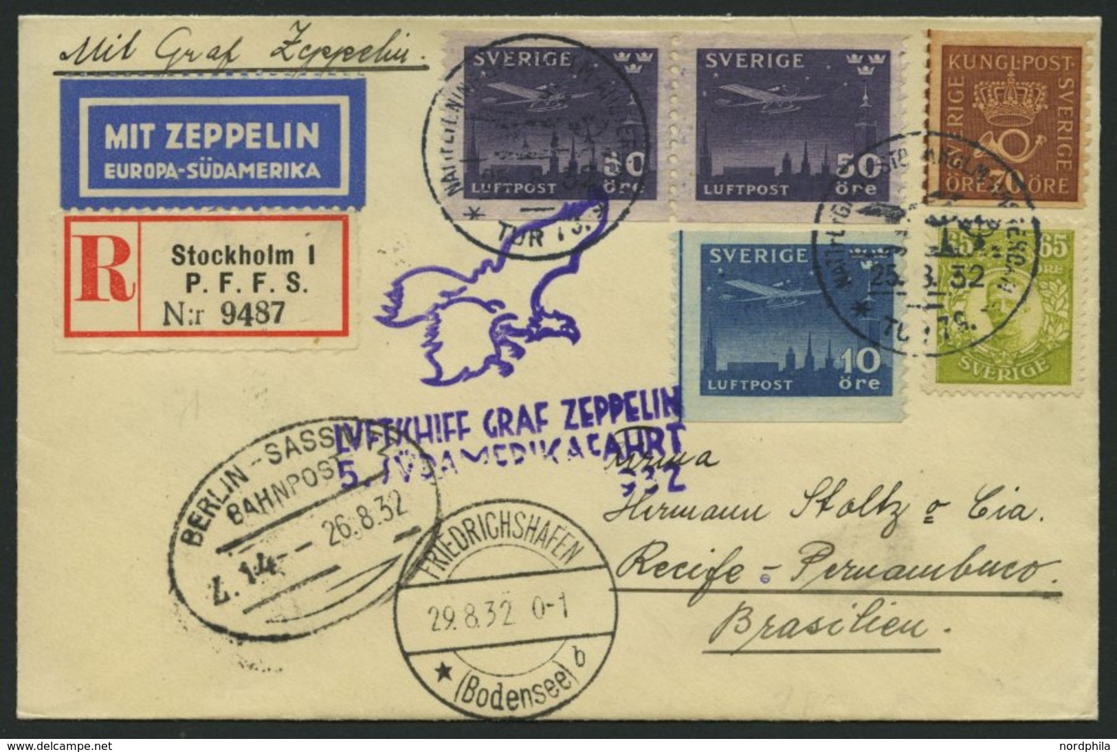 ZULEITUNGSPOST 171 BRIEF, Schweden: 1932, 5. Südamerikafahrt, Einschreibbrief, Pracht - Luft- Und Zeppelinpost