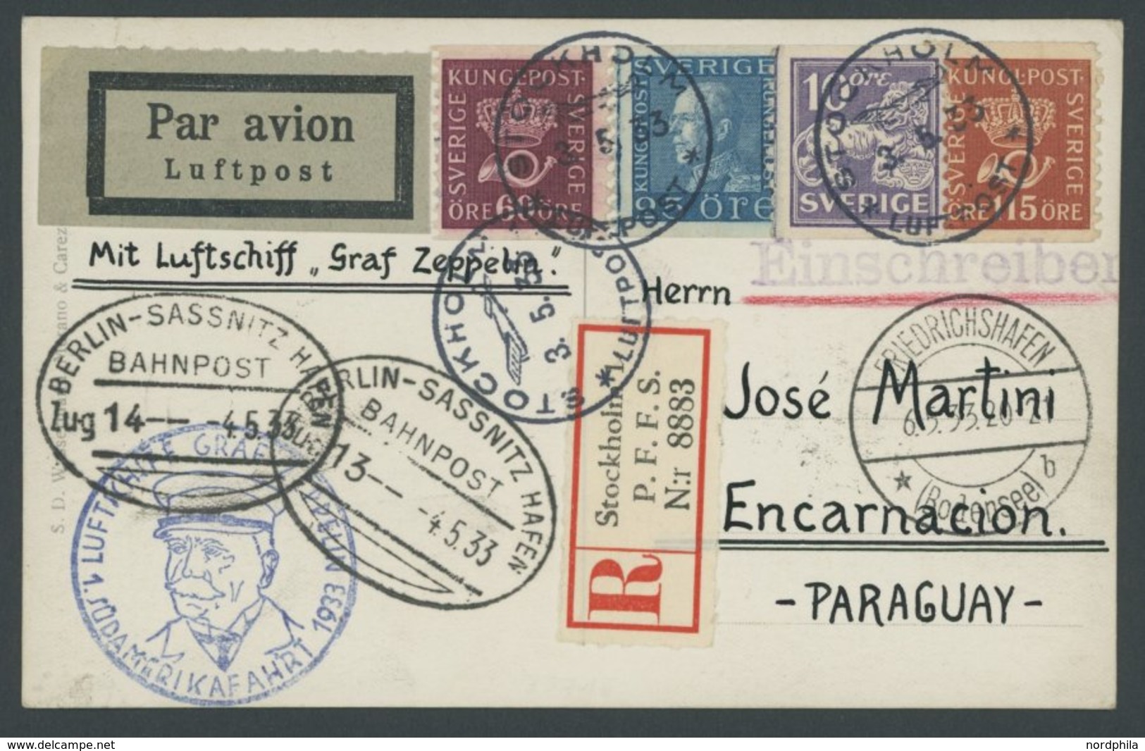 Schweden: 1933, 1. Südamerikafahrt, Einschreibkarte, U.a. Mit Bahnpoststempeln, Pracht -> Automatically Generated Transl - Posta Aerea & Zeppelin