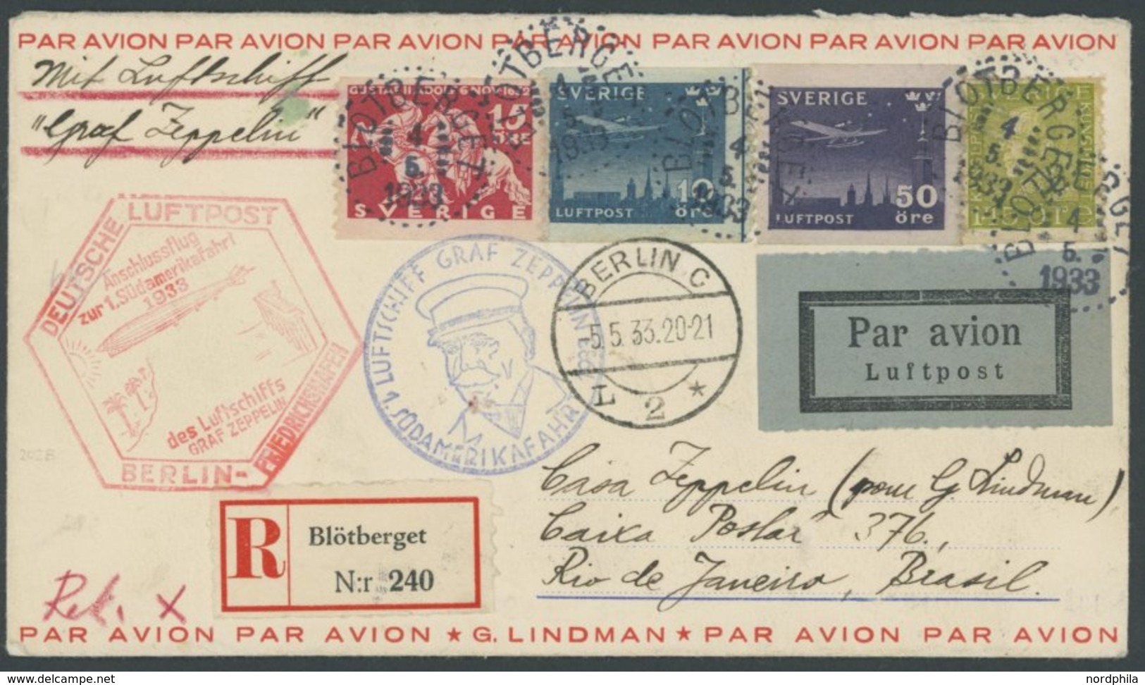 Schweden: 1933, 1. Südamerikafahrt, Anschlussflug Ab Berlin, Einschreibbrief Von Blötberget Nach Rio De Janeiro, Mit Rüc - Posta Aerea & Zeppelin