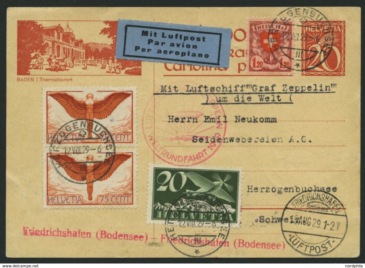 ZULEITUNGSPOST 30Ad BRIEF, Schweiz: 1929, Weltrundfahrt, Friedrichshafen-Friedrichshafen, Gute Frankatur!, Prachtkarte - Luft- Und Zeppelinpost