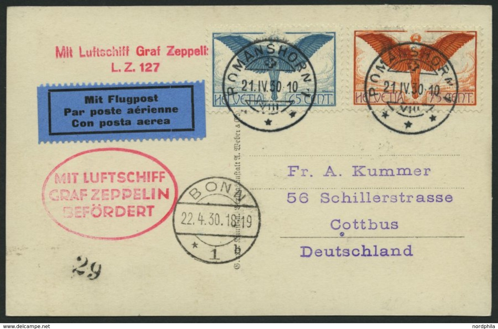 ZULEITUNGSPOST 54 BRIEF, Schweiz: 1930, Fahrt Nach Bonn, Prachtkarte - Posta Aerea & Zeppelin